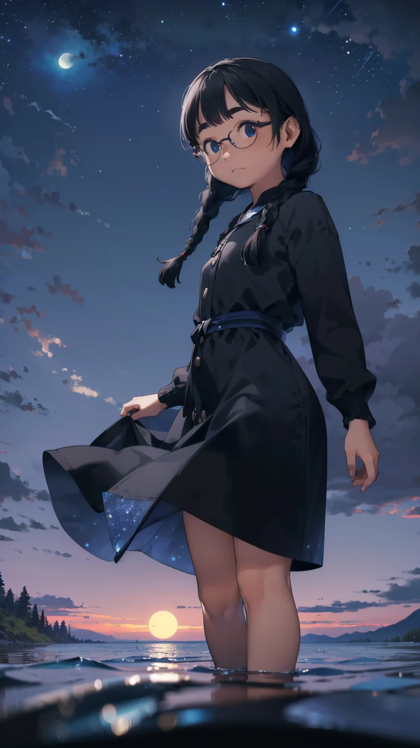 8K quality,(super masterpiece:1.3),highest quality,Detailed Images,1 female,symmetrical beauty,20th Generation,Medium build(Black Hair,Curly Hair,With bangs,Two braids),(Thick eyebrows,Thick eyebrows),(Rimless Glasses,Thin-rimmed glasses,Small glasses),(Blue Eyes,blue eyes),(Fantastic night sky background,Star of the sky,Lake at night,Lake at night畔,full moon),(With open arms,Standing on the surface of the water),(Face directly towards the camera,Looking directly at the viewer,looking at the camera,The body faces the viewer,The body is facing the direction of the camera,Face looking straight into the camera). 