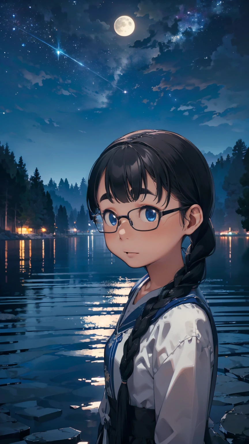 8K quality,(super masterpiece:1.3),highest quality,Detailed Images,1 female,symmetrical beauty,20th Generation,Medium build(Black Hair,Curly Hair,With bangs,Two braids),(Thick eyebrows,Thick eyebrows),(Rimless Glasses,Thin-rimmed glasses,Small glasses),(Blue Eyes,blue eyes),(Fantastic night sky background,Star of the sky,Lake at night,Lake at night畔,full moon),(With open arms,Standing on the surface of the water),(Face directly towards the camera,Looking directly at the viewer,looking at the camera,The body faces the viewer,The body is facing the direction of the camera,Face looking straight into the camera). 