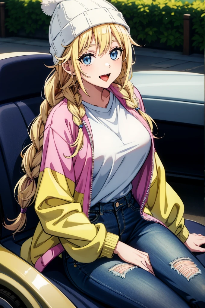 a cartoon character in a striped jacket is relaxing on the ground next to a vehicle, 1girl, solo, breasts, blonde hair, hat, braid, blue eyes, long hair, denim, twin braids, shirt, open mouth, sitting, looking at viewer, pants, white shirt, smile, jacket, tongue, beanie, jeans
