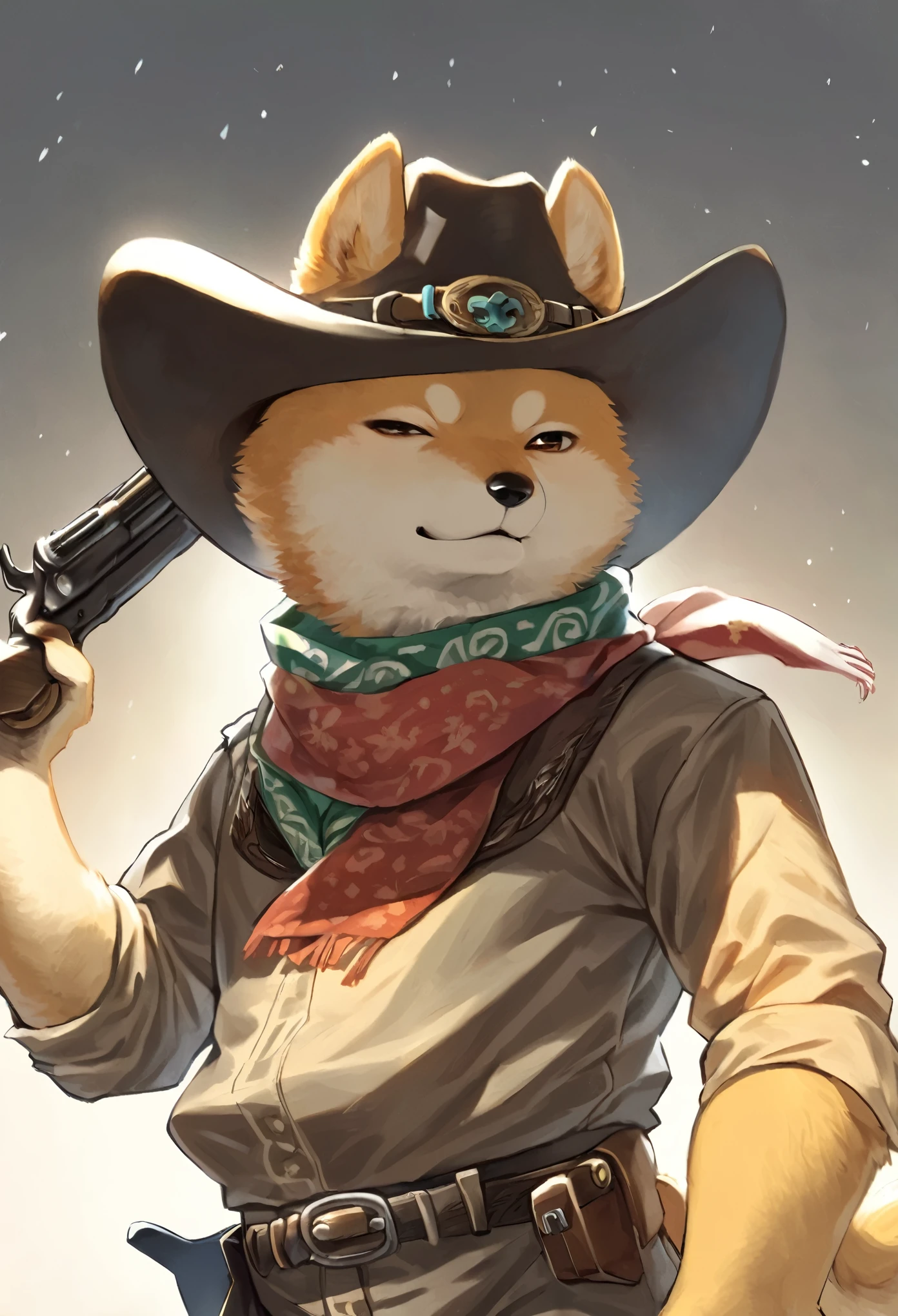 cowboy:((Shiba Inu)),cowboyの衣装:detailed,cowboyハット,scarf,Gunman,Western Background,複雑なdetailed,Beautiful light and shadow,hard boiled,Animal anthropomorphism,Shiba Inuの擬人化,cool,フワフワのShiba Inu,Fluffy texture