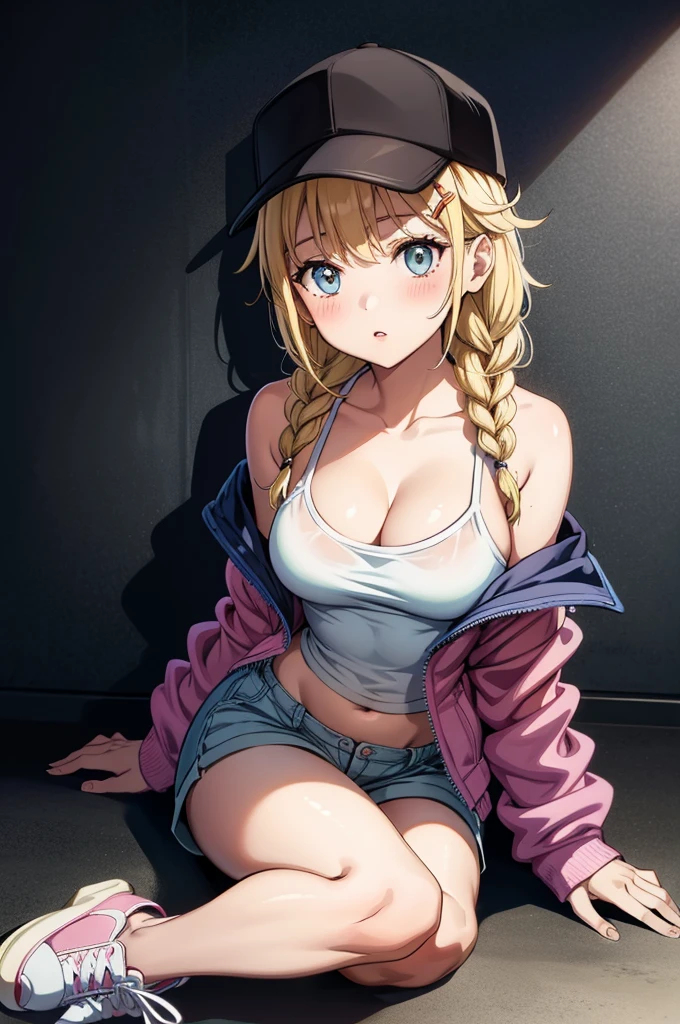 a video clip a cartoon woman is sitting there dressed in skimpy clothes, 1girl, solo, breasts, jacket, hat, braid, sitting, blonde hair, navel, open clothes, shorts, pantyhose, cleavage, off shoulder, shoes, hair ornament, open jacket, long hair, hairclip, collarbone, looking at viewer, shadow, parted lips, large breasts, white footwear, twin braids, sneakers, baseball cap, short shorts, blush