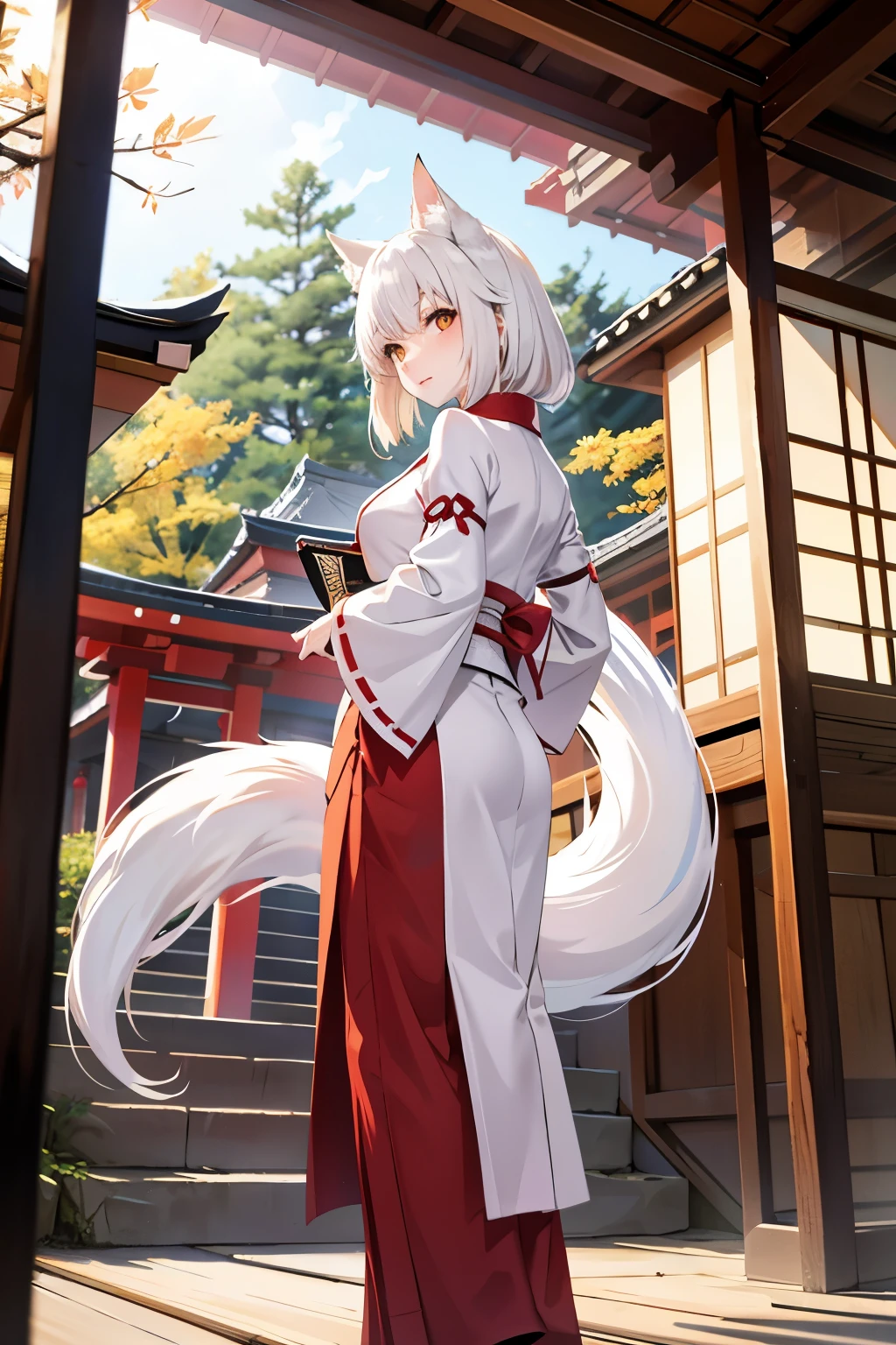 white fox human with nine tails, japanese shrine background