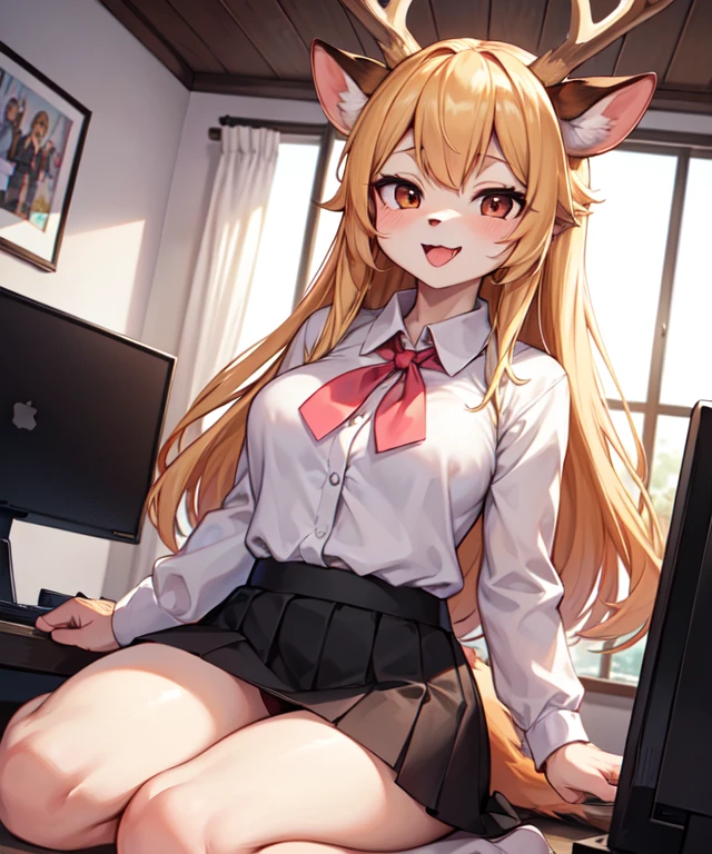 1girl, (anthro furry:1.2), TsunodaCzar, (two-toned fur, orange fur, black eyes, deer ears, horns, snout), (pink blouse, black skirt, smiling), (interior, office), (masterpiece:1.2), hires, ultra-high resolution, 8K, high quality, (sharp focus:1.2), clean, crisp, cinematic,White shirt、Open your mouth、、Ahegao、Stick out your tongue、Open your mouth wide、Kneeling、underwear、Sit in front、Looking up、A large amount of 、transparent、American、Blonde、Swimwear、bra、underwear、Take off your clothes