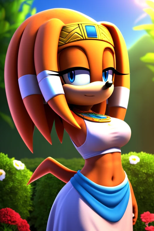 Masterpiece, high quality, studio quality, intricate details, 4k, 1girl, solo, Tikal the Echidna, dress, flower garden, eyes open, blue eyes, big breasts, midriff, lidded eyes