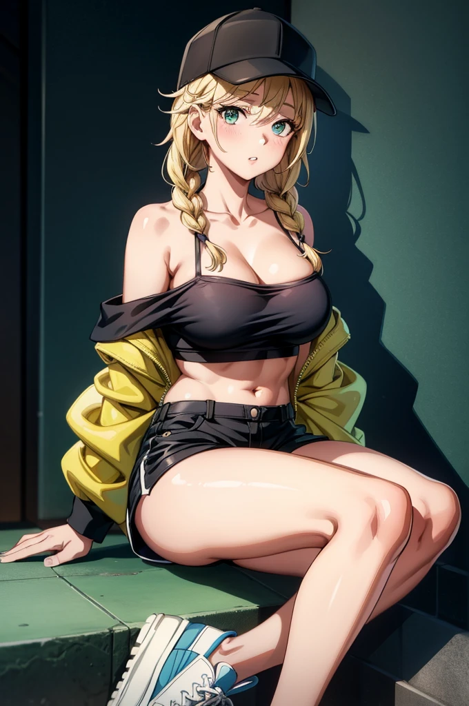a blonde woman wearing a baseball cap sitting with a cigarette in her hand, 1girl, solo, breasts, hat, shorts, blonde hair, shoes, sitting, jacket, sneakers,navel, cleavage, baseball cap, looking at viewer, twin braids, black headwear, green eyes, white footwear, braid, open jacket, open clothes, long hair, collarbone, short shorts, parted lips, off shoulder, crop top, black shorts, hair ornament, blush, thighs, bare shoulders