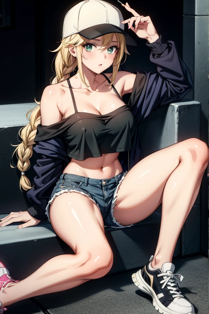 a blonde woman wearing a baseball cap sitting with a cigarette in her hand, 1girl, solo, breasts, hat, shorts, blonde hair, shoes, sitting, jacket, sneakers,navel, cleavage, baseball cap, looking at viewer, twin braids, black headwear, green eyes, white footwear, braid, open jacket, open clothes, long hair, collarbone, short shorts, parted lips, off shoulder, crop top, black shorts, hair ornament, blush, thighs, bare shoulders