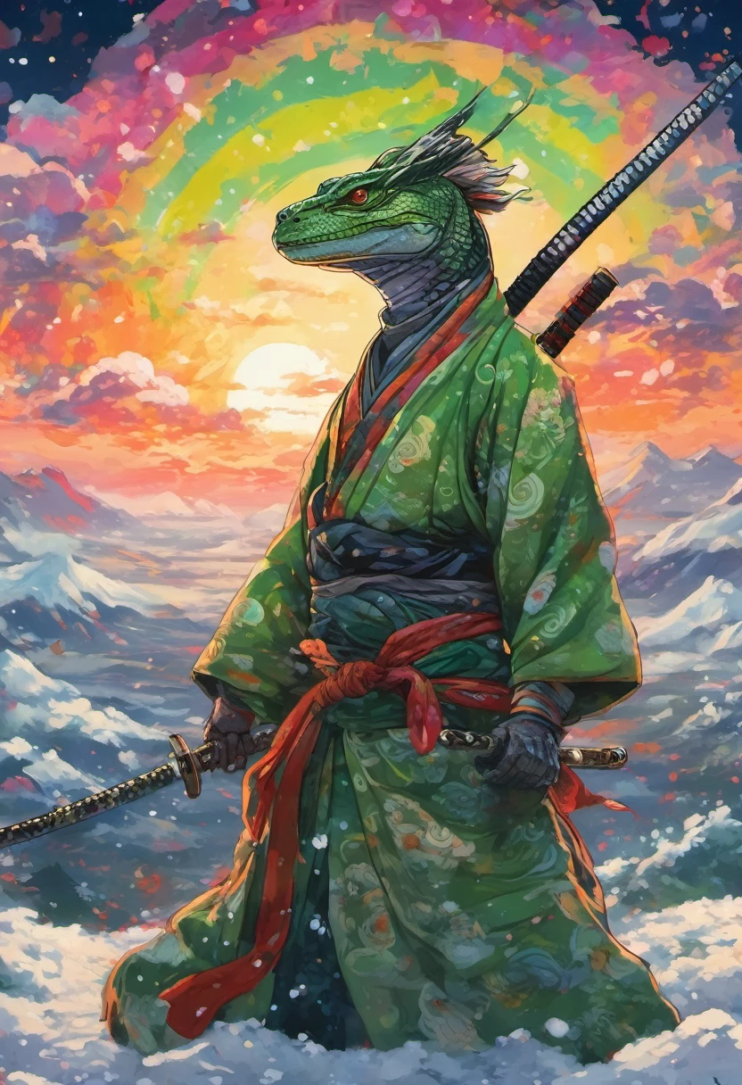 Grey and green scaled lizardman dressed like a samurai in formal samurai robes, surrounded by a swirling rainbow lights, a magical snowy steppe in the background, twilight, drawn in very strong ukiyo painting style. On a ukiyoe canvas.
