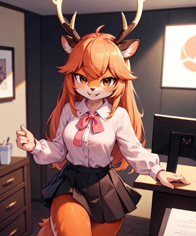 1girl, (anthro furry:1.2), TsunodaCzar, (two-toned fur, orange fur, black eyes, deer ears, horns, snout), (pink blouse, black skirt, smiling), (interior, office), (masterpiece:1.2), hires, ultra-high resolution, 8K, high quality, (sharp focus:1.2), clean, crisp, cinematic,