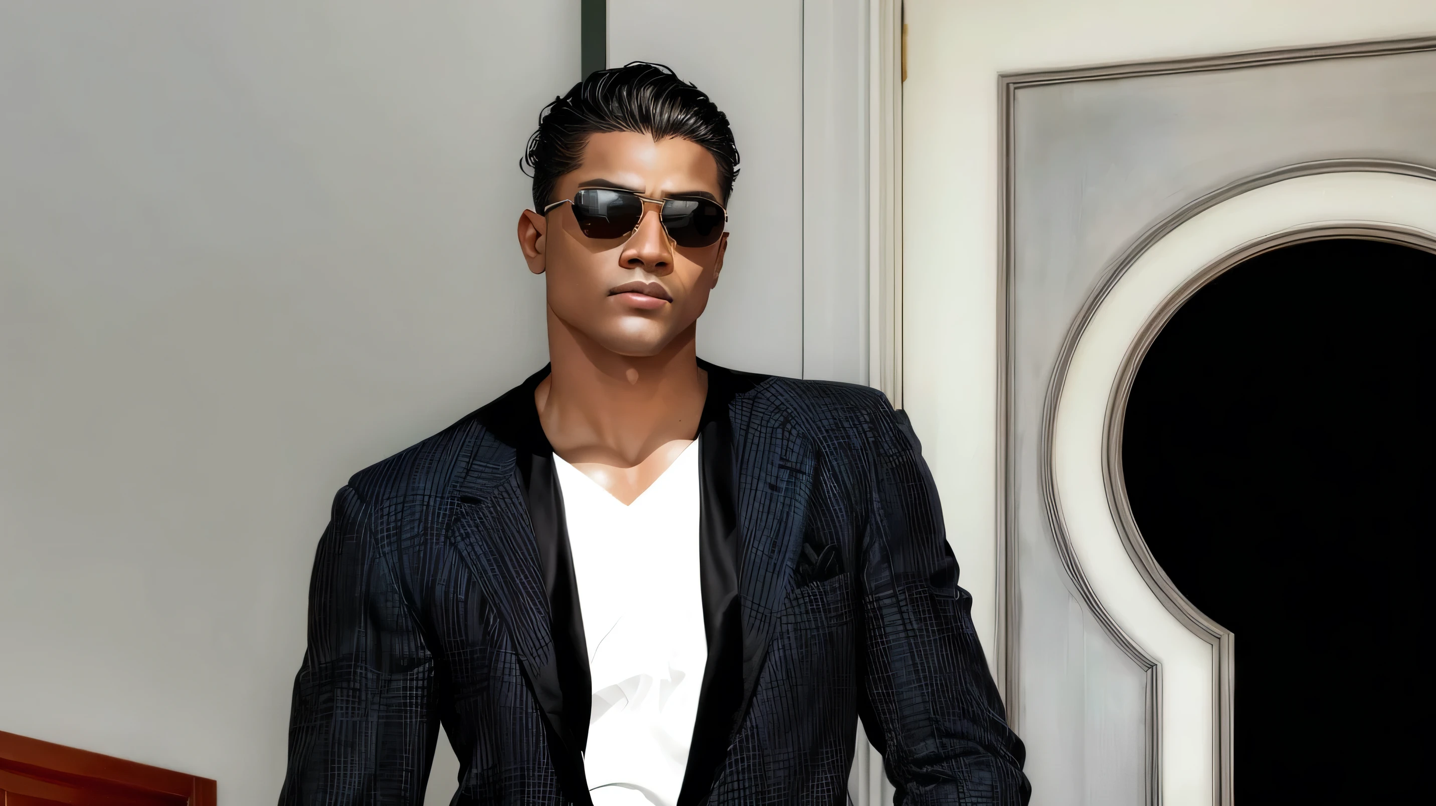 ((obra de arte)),((Melhor qualidade)),8k, Alto detalheed, ultra-detalhado, Pose elegante, textura de pele real, cinematic lighting, there is a white man in a black jacket and sunglasses standing in front of a door, avatar da segunda vida, in a suit with black glasses, inspirado em Allan Linder, homrm oriental, japanese with sunglasses, inspirado em Ralph Burke Tyree, inspirado em Jean-Yves Couliou, parecendo muito legal e estiloso, inspirado em Aleksander Gine, daz. detalhado, cinematic lighting, profundidade de campo, fotografia premiada, elegante, hiperrealista, octane rendering, irreal, High definition, 8K resolution, altamente detalhado, 8k hd, professional lighting, photon mapping, radiosidade, physically based rendering