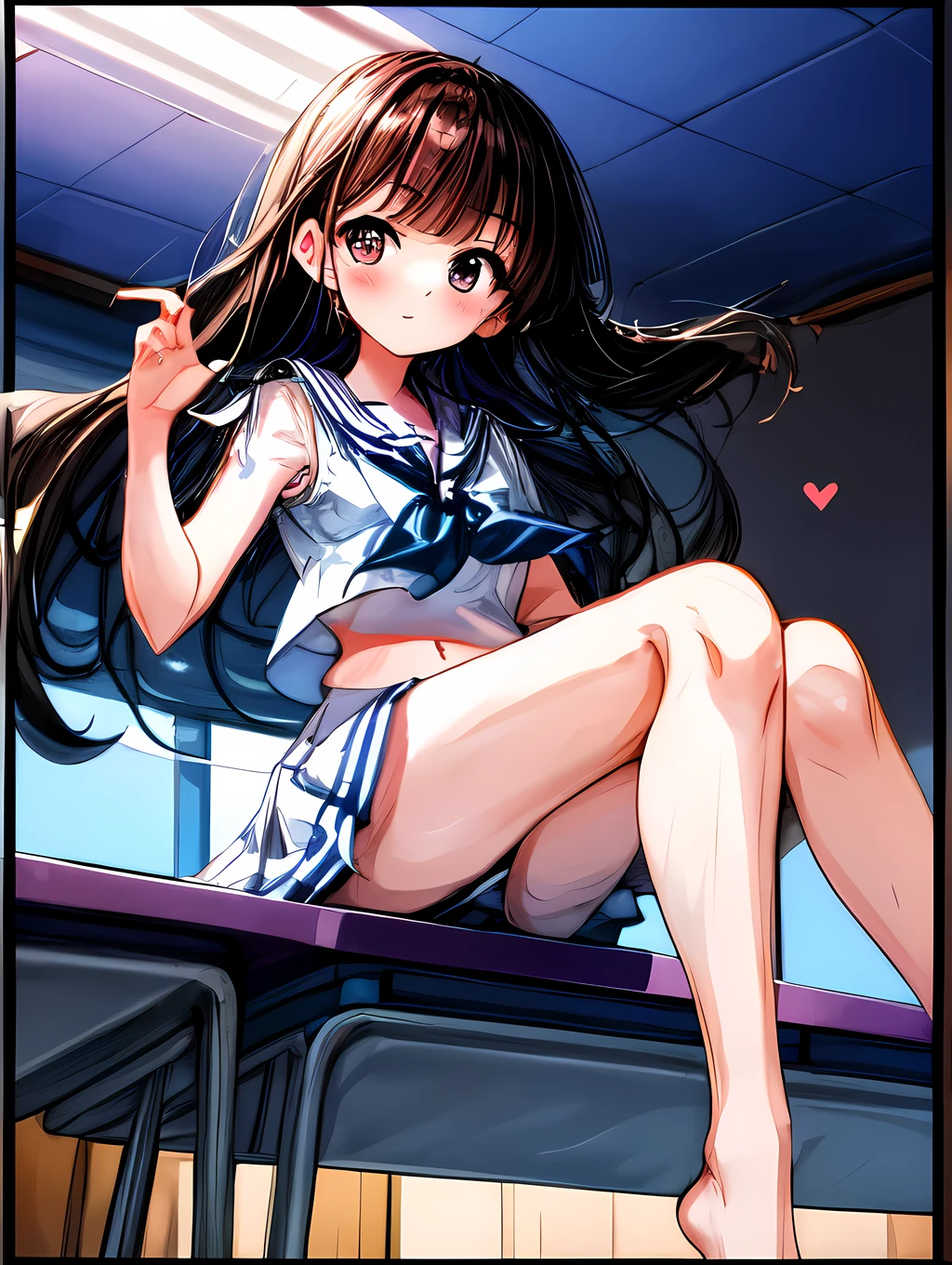 Create an image of a girl, sailor suit, classroom, The image should capture the essence of summer, The girl should be in a typical summer pose, with a high-contrast effect and a subtle glow. The upper part of the screen should have a darker tone, gradually transitioning into a brighter tone towards the bottom.