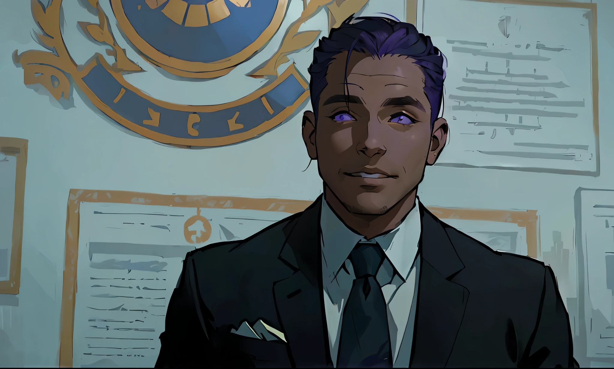 a 40 year old man violet hair violet eyes