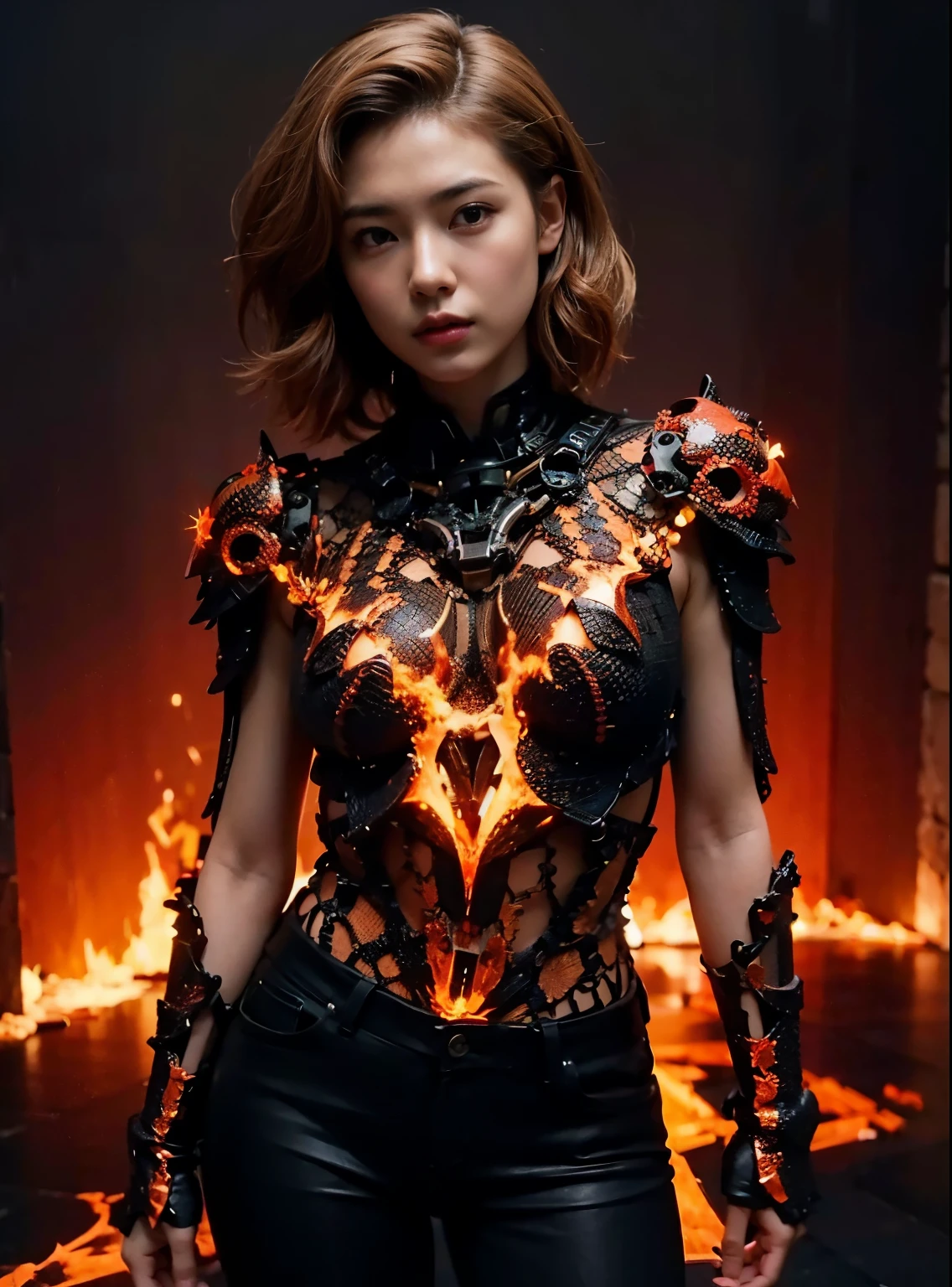 (masterpiece, best quality:1.2), (8k uhd, 16k, 32k, ultra high res), (photorealistic:1.37), (RAW photo), ultimate-realistic, ultimate-realistic details, ultimate-realistic texture, ultimate-intricate details, ultimate-realistic lighting, ultimate-realistic shadow, 1 japanese girl, ultimate-cute face, ultimate-RAW skin, ultimate-realistic eyes, (mechanical:1.4),  (armor), full body, wide shot