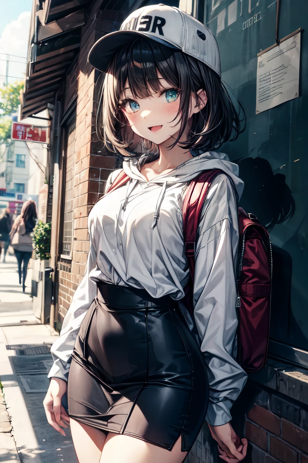 an extremely delicate,
beautiful girl,
break,
8k,
best quality,
masterpiece,
ultra hires,
ultra detailed girl,
super fine illustration,
break,
active pose,
street,
shiny,
bright,
rim lighting,
break,
1girl,
solo,
college age,
perfect female body,
black hair,
short hair,
bangs hairpin,
asymmetrical bangs,
round face,
PaleTurquoise eyes,
sleepy,
(smile:0.8),
medium breasts,
open mouth,
break,
casquette,
hoodie,
pencil Skirt,
long sleeves,
knapsack,