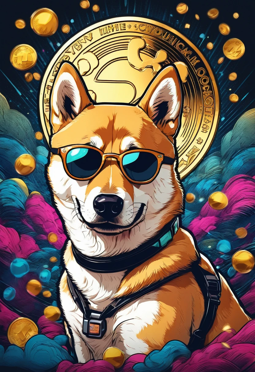 (best quality,4k,8k,highres,masterpiece:1.2),ultra-detailed,(realistic,photorealistic,photo-realistic:1.37),a Shiba Inu,dogecoin artstyle,aesthetic,memorable eyes,cheerful expression,cute round face,fluffy ears,curled tail,playful demeanor,vibrant colors,comic book illustration,vibrant background,digital painting,humorous depiction,stylized rendering,dynamic pose,suchi big doge,comic style shading,comic bubbles,elevated height perspective,shiba wearing sunglasses,dogecoin logo in the background,doge cryptocurrency mascot,eye-catching composition,funny captions,retro comic aesthetic,motion lines,emphasis of wow factor,doge meme reference,colorful bokeh lights,,impactful lighting,modern pop art influences,attention to brand identity,stylized typography,playful typography design,detailed fur texture,digital brush strokes.