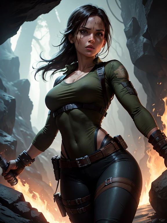 4k, comic babes, Tomb Raider, Lara Croft inside a cave that spreads across the location with a torch in her hand, black blouse, camouflage pants, water