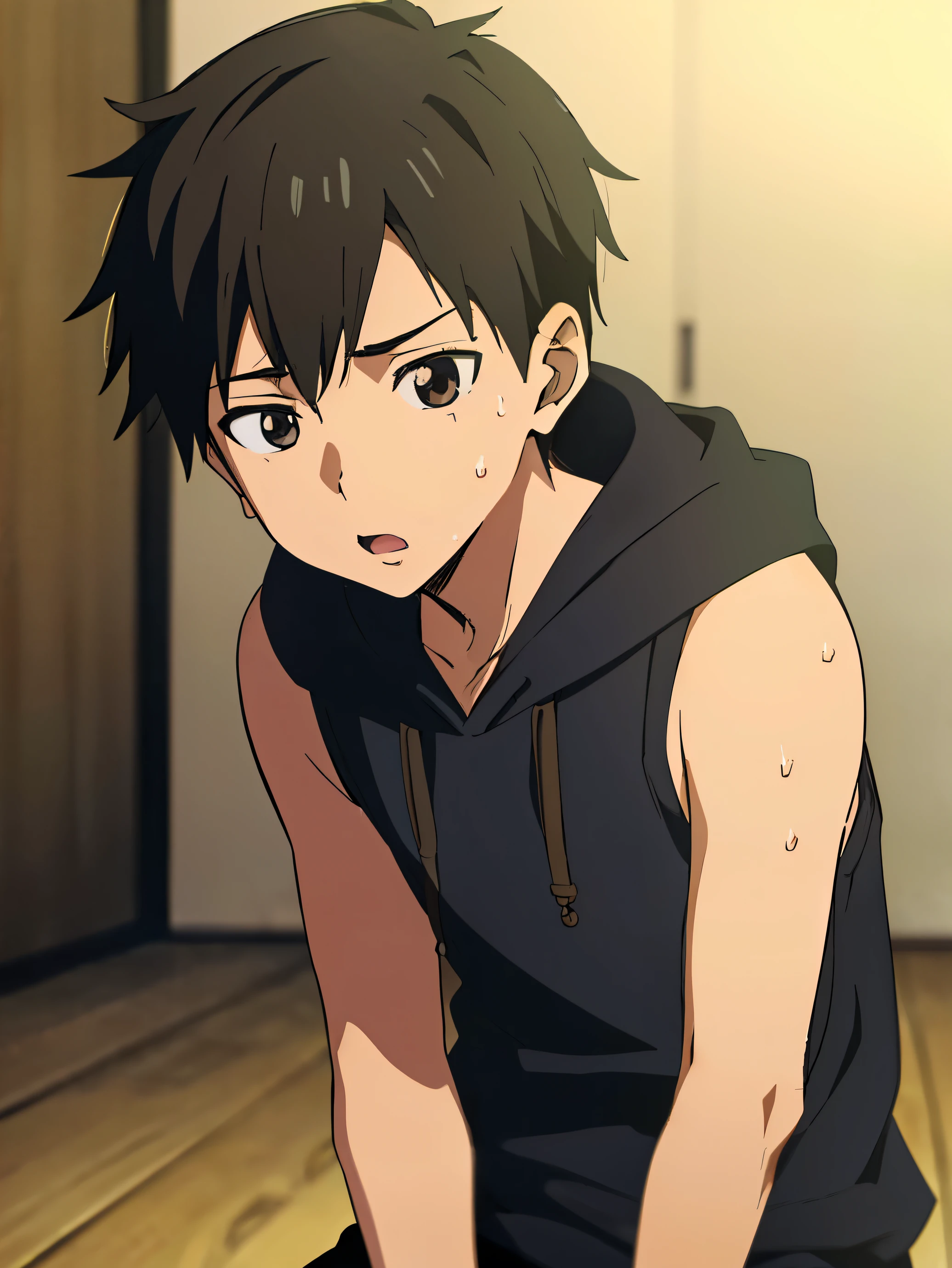 Highres, Masterpiece, Best quality at best,Best Quality,hight quality, hight detailed, Anime style, 1boy, Shota, Sleeveless hoodie, depth of field, good boy, (very young boy), (very small and short body), 12-year-old boys, Little sweat, Blurry beckground