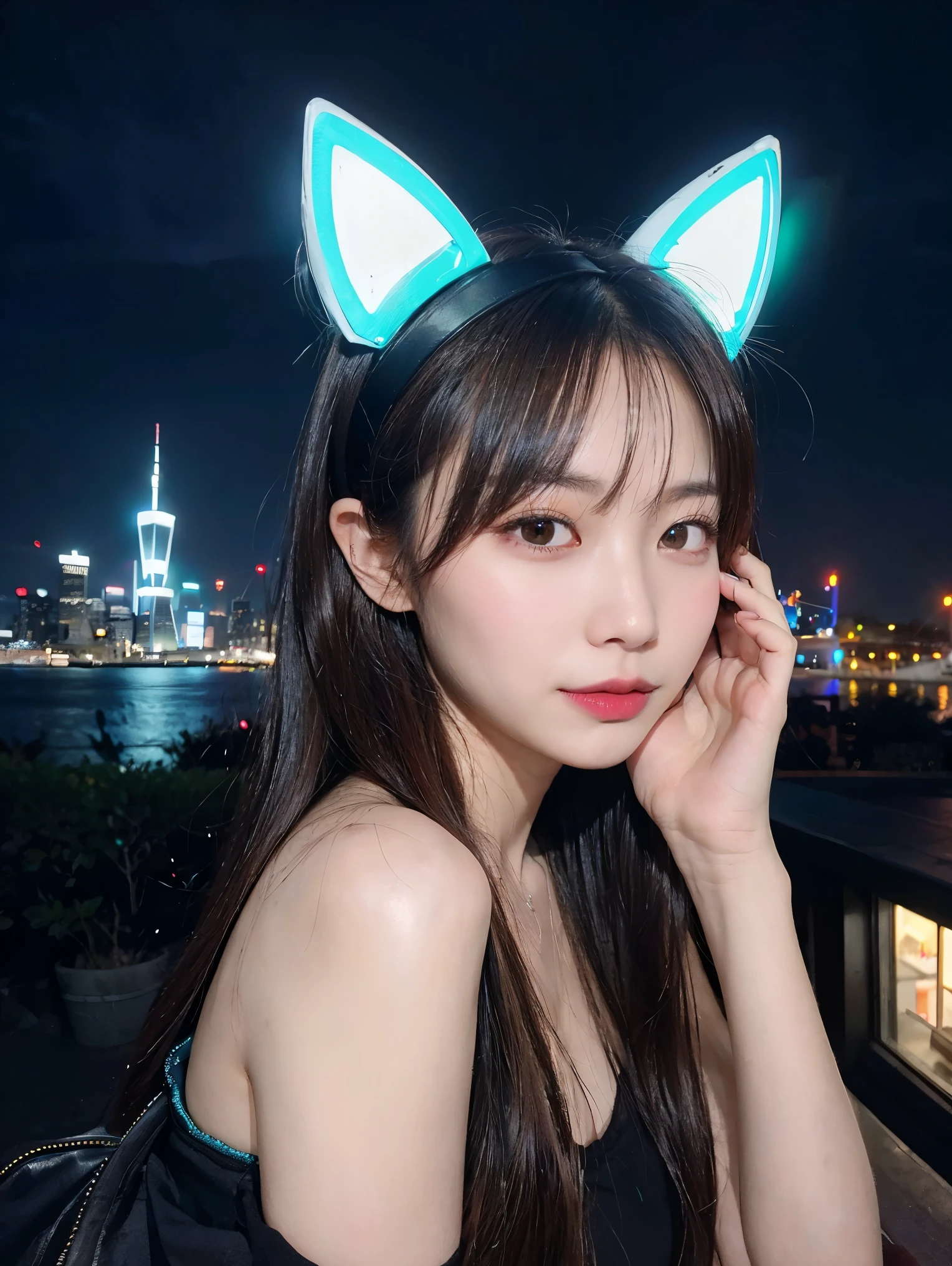 最high quality, masterpiece, 32k、Super detailed、realistic、1 girl, japanese woman、cute face, (photo actual:1.3), edge lighting, (high detail skin:1.2), 8K超High resolution, Single-lens reflex camera, high quality, High resolution, 4k, 8K, Optimal ratio of 4 fingers to 1 thumb, (actual:1.3), Green and blue neon cat ears headband、cute 1 girl, realistic、Super realistic、32k、Super detailed、masterpiece, 最high quality, beautiful girl, beauty、small breasts, Mecha, beautiful lighting, (neon light:1.2), (night:1.5), Cyberpunk Costume、sitting,Cyber Neon、future city、Skyscraper、City night、Shanghai、big city、night scene、Beautiful night scene