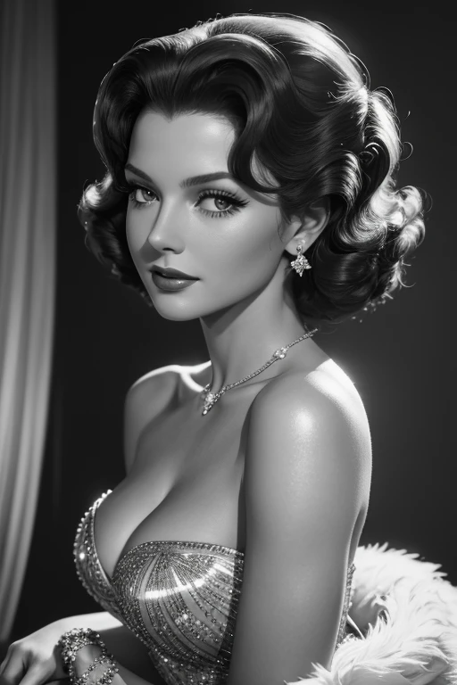 best quality,4k,highres,masterpiece:1.2,ultra-detailed,photorealistic:1.37,Rita Hayworth,beautiful detailed eyes,beautiful detailed lips,Hollywood glamour,red hair,classic vintage style,retro fashion,golden age of cinema,film noir,black and white photography,timeless beauty,alluring gaze,sultry expression,elegant posture,old Hollywood glamour,sparkling diamonds,feathered boa,glamorous evening gown,exquisite makeup,soft lighting,captivating smile,1940s fashion,graceful movements,artistic composition,vintage film grain,sophisticated charm,lustrous curls,iconic screen siren,legendary actress,memorable performances,immortalized on screen,timeless elegance,celebrity icon,ethereal beauty