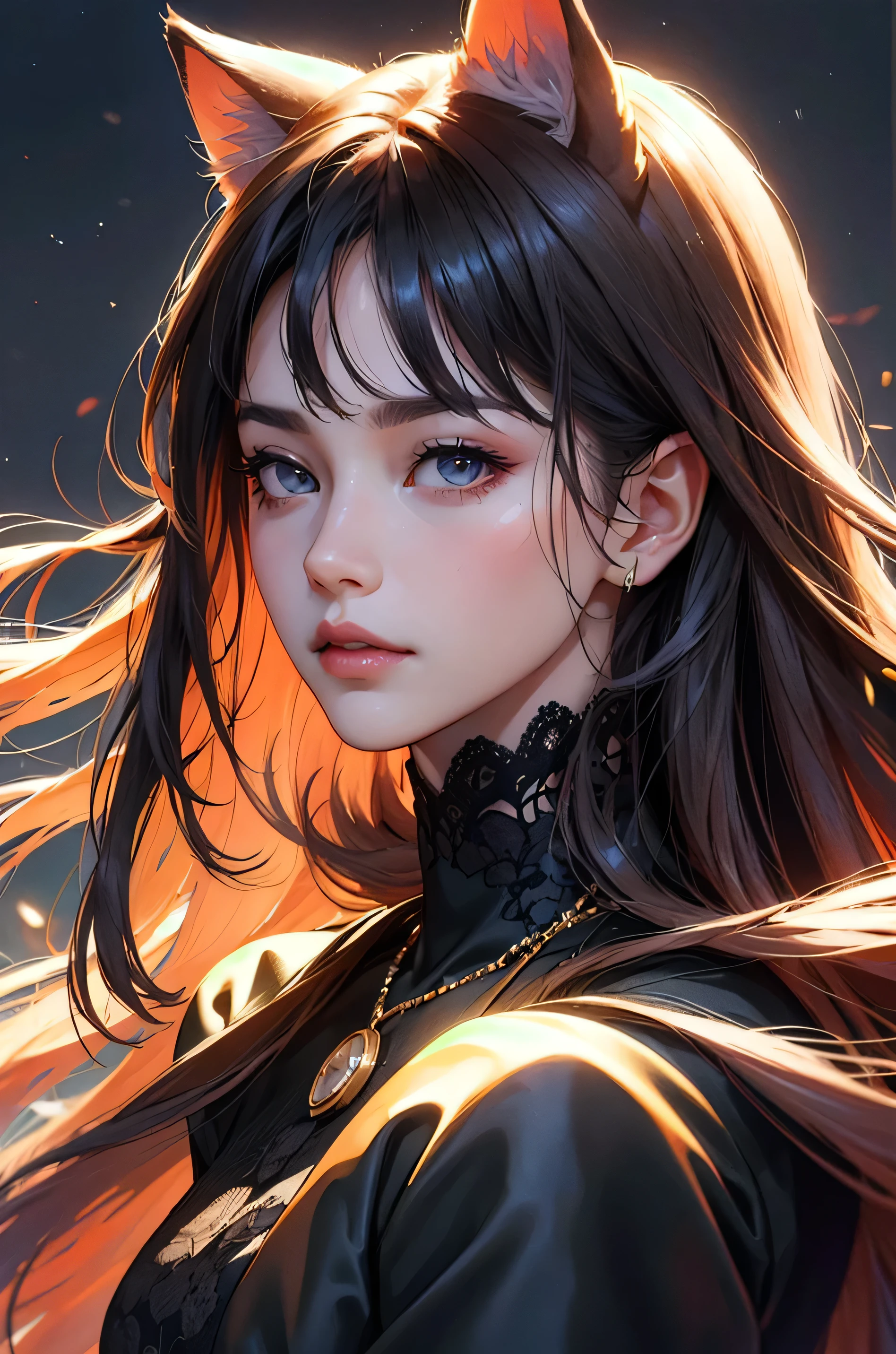 A woman with long hair and a cat ears is staring at the camera - SeaArt AI
