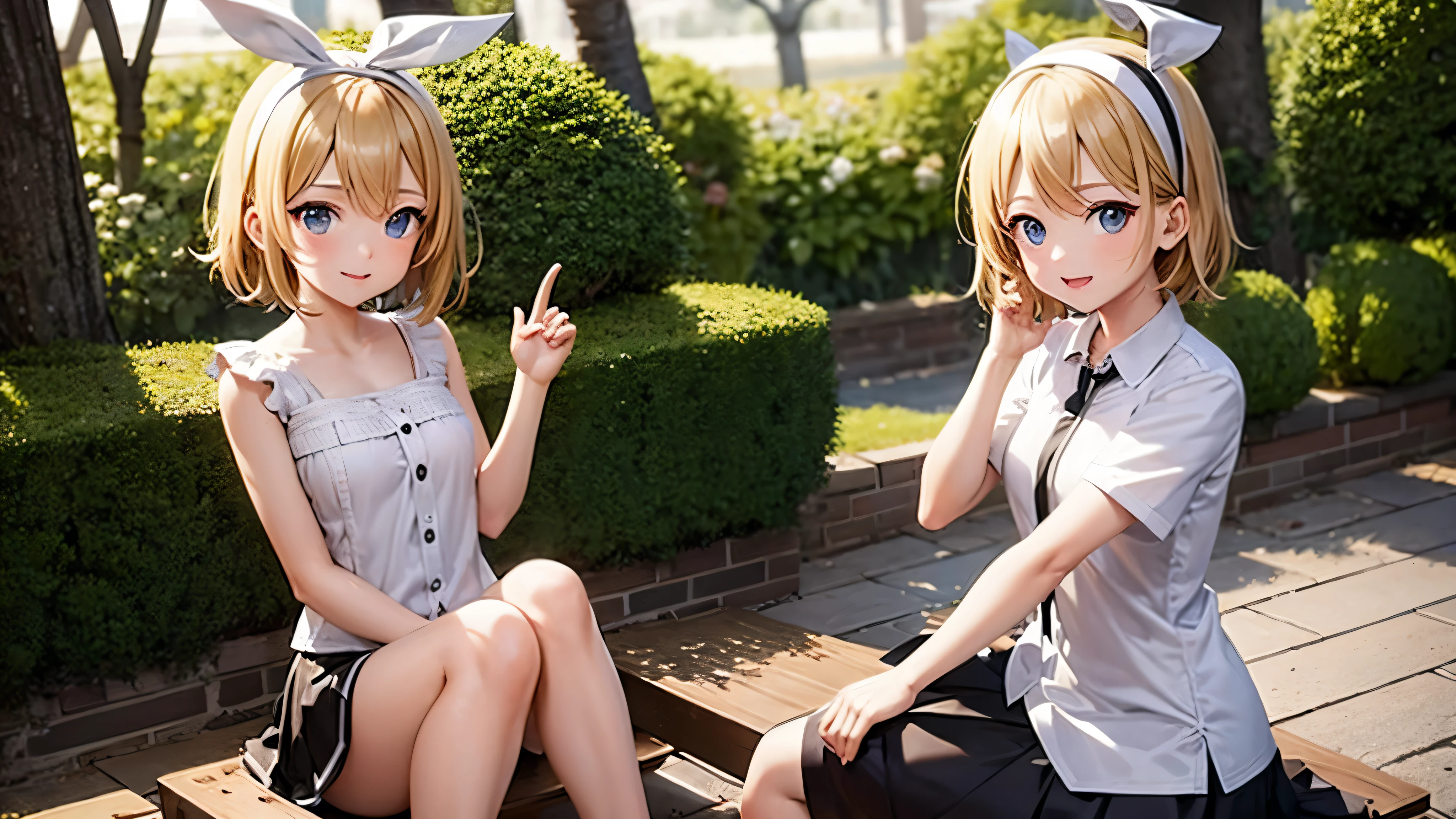 ８K resolution, highest quality,Kagamine rin、Beautiful Eyes、Embarrassing、Sweat、Shooting from below、Look Down、whole body、short hair、smile、Headrest、Show your hand,White ribbon, White headband,casual、one piece、date、skirt