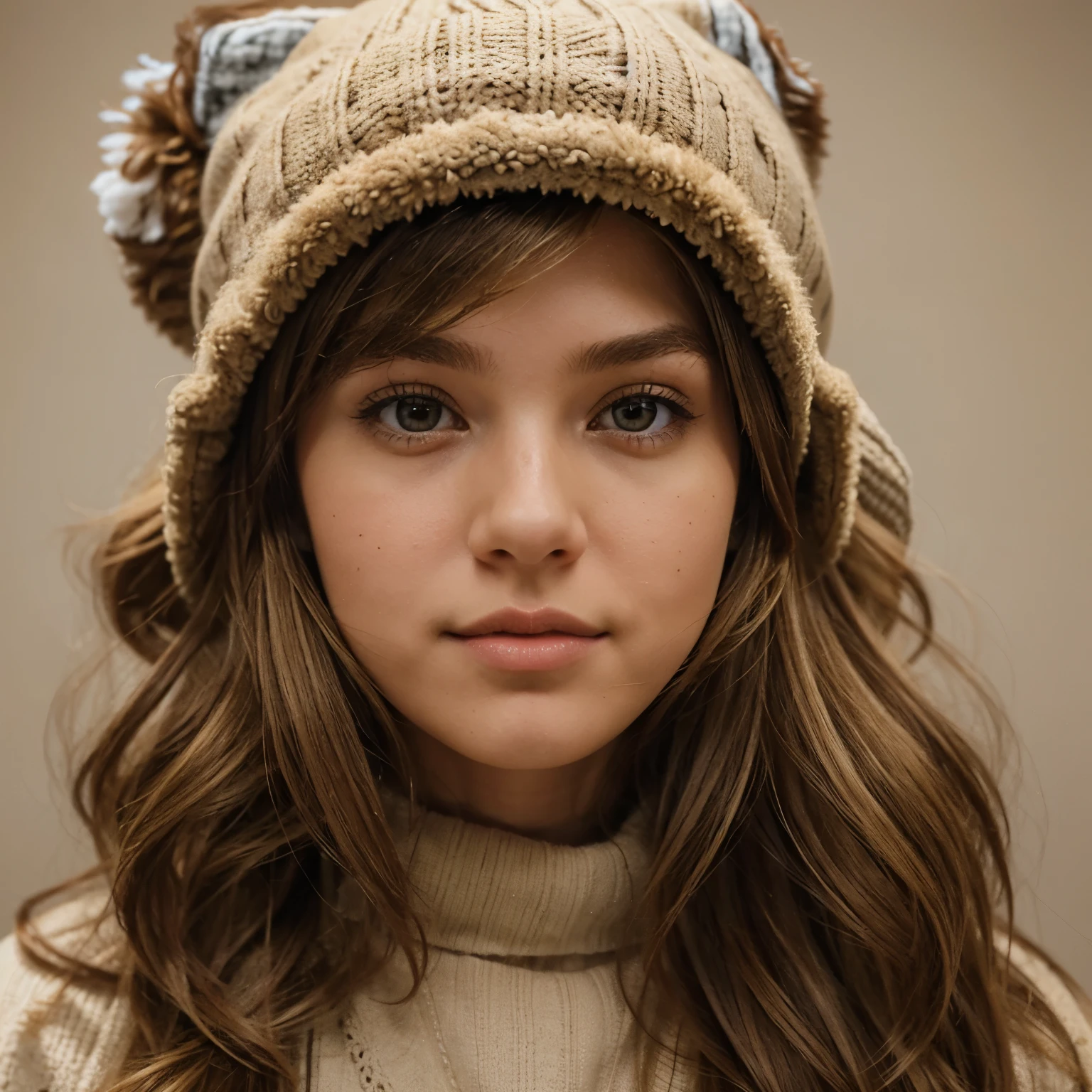 A girl with brown fluffy hair, blonde highlights. She wears a beige winter hat. profile picture