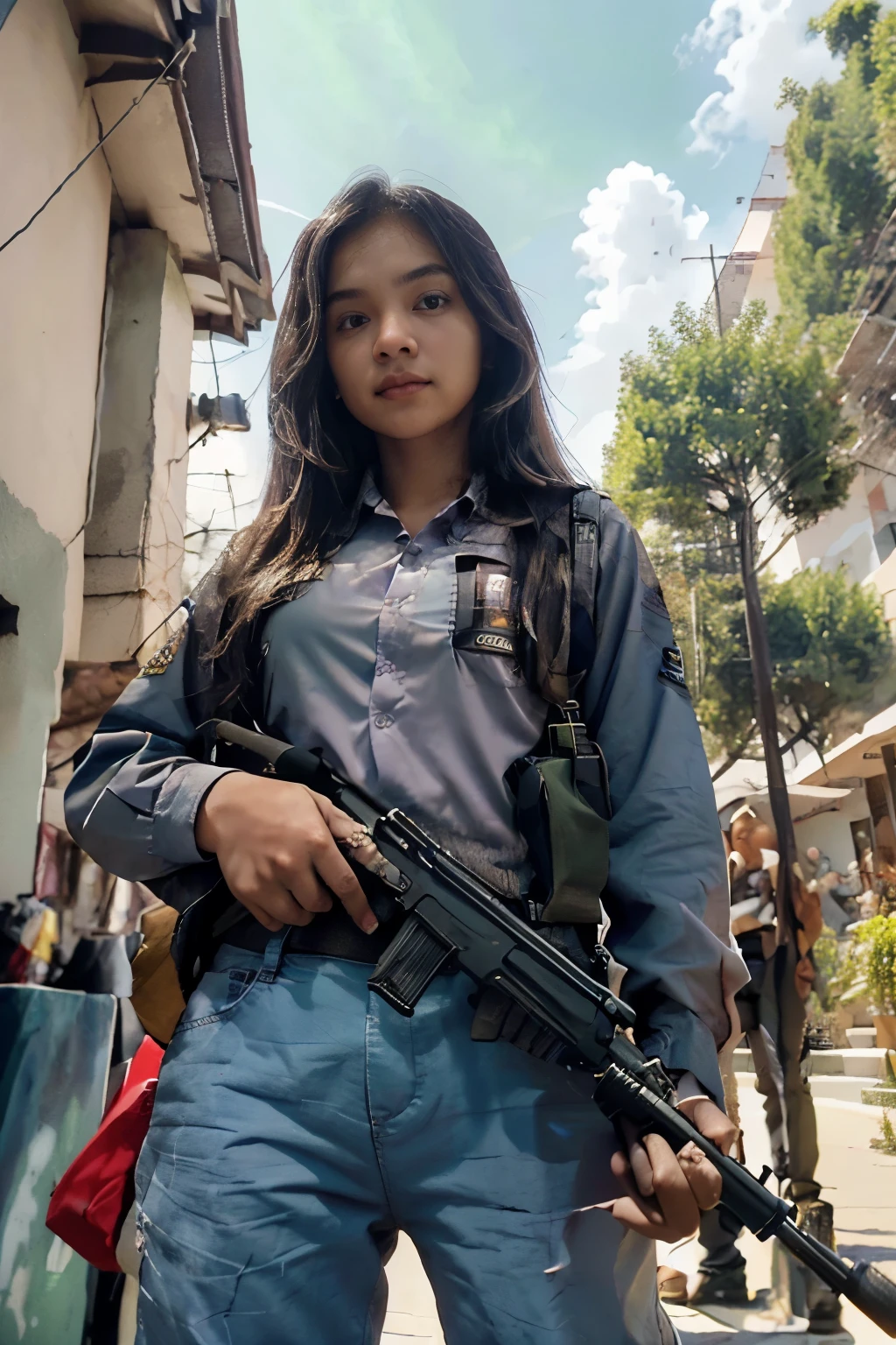 Masterpiece, beautiful 20 year old Indonesian woman in student uniform holding AK47 rifle, long hair, slim athletic body, detailed eyes, proud Indonesian female student, portrait of female student, female student portrait, beautiful female student, Indonesia, about a sniper girl in the war, holding a rifle AK47, holding a rifle, arms folded, portrait of a female city guard, standing in the middle of the city, view from below, portrait taken photo from below, by Arthur Sarkissian, face full of determination, with an AK47 rifle, with an AK47 rifle in hand, very high resolution .photorealistic: 1.4, UHD, beautiful city background,.