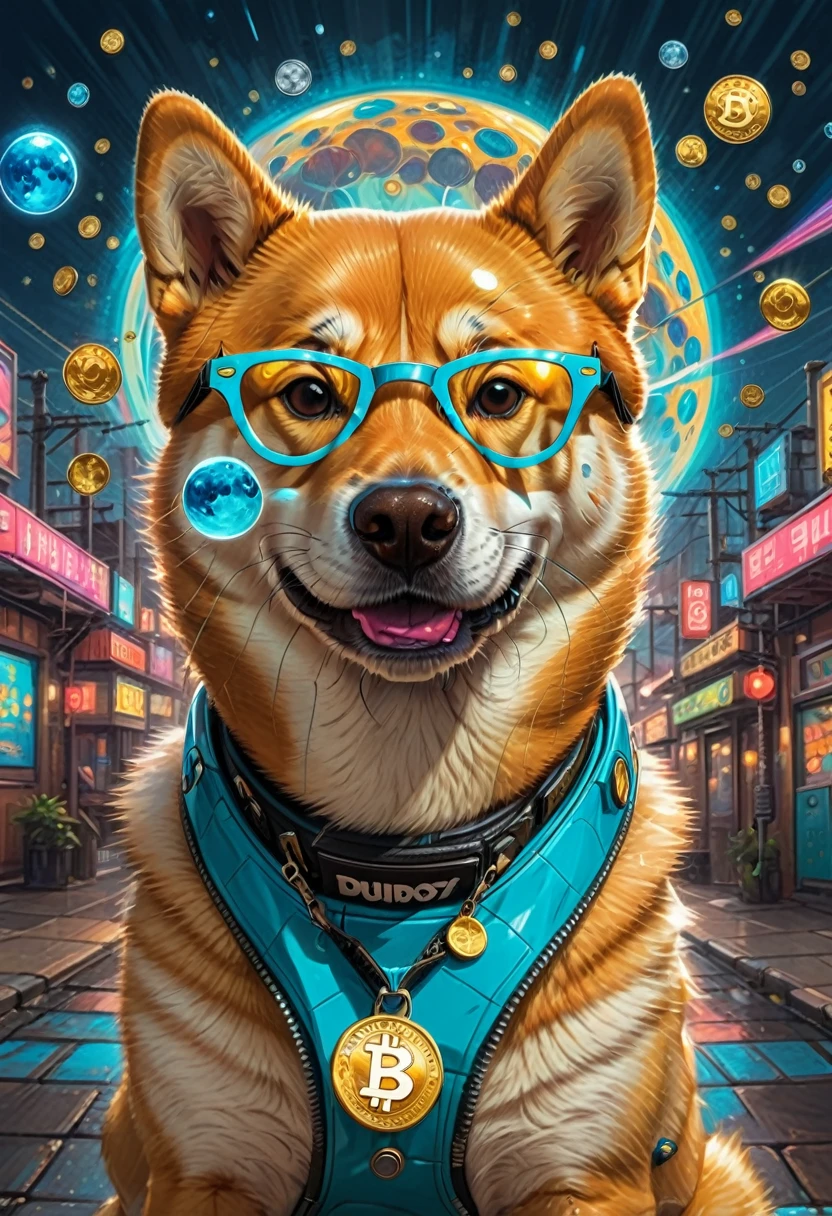 (best quality,4k,8k,highres,masterpiece:1.2),ultra-detailed,(realistic,photorealistic,photo-realistic:1.37),a Shiba Inu,dogecoin artstyle,aesthetic,memorable eyes,cheerful expression,cute round face,fluffy ears,curled tail,playful demeanor,vibrant colors,comic book illustration,vibrant background,digital painting,humorous depiction,stylized rendering,dynamic pose,suchi big doge,comic style shading,comic bubbles,elevated height perspective,shiba wearing sunglasses,dogecoin logo in the background,doge cryptocurrency mascot,eye-catching composition,funny captions,retro comic aesthetic,motion lines,emphasis of wow factor,doge meme reference,colorful bokeh lights,,impactful lighting,modern pop art influences,attention to brand identity,stylized typography,playful typography design,detailed fur texture,digital brush strokes.