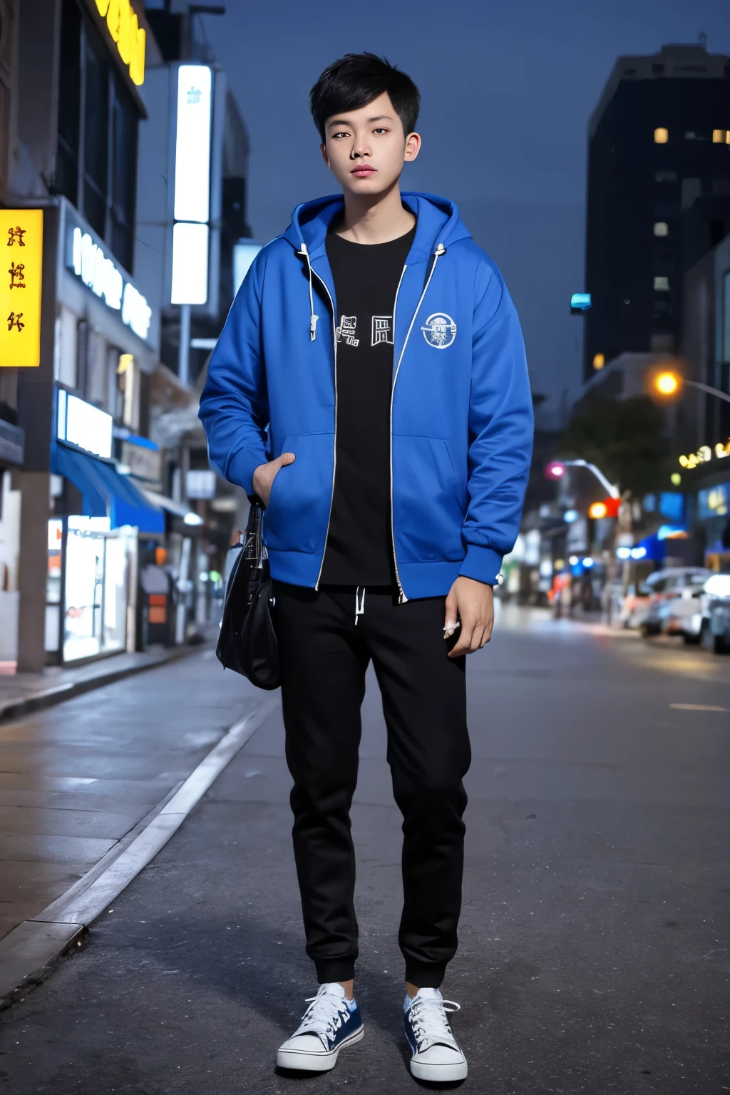 a Guangzhou boy wearing with blue hoodie jacket and black trousers, night clubbing, full body, converse shoes,