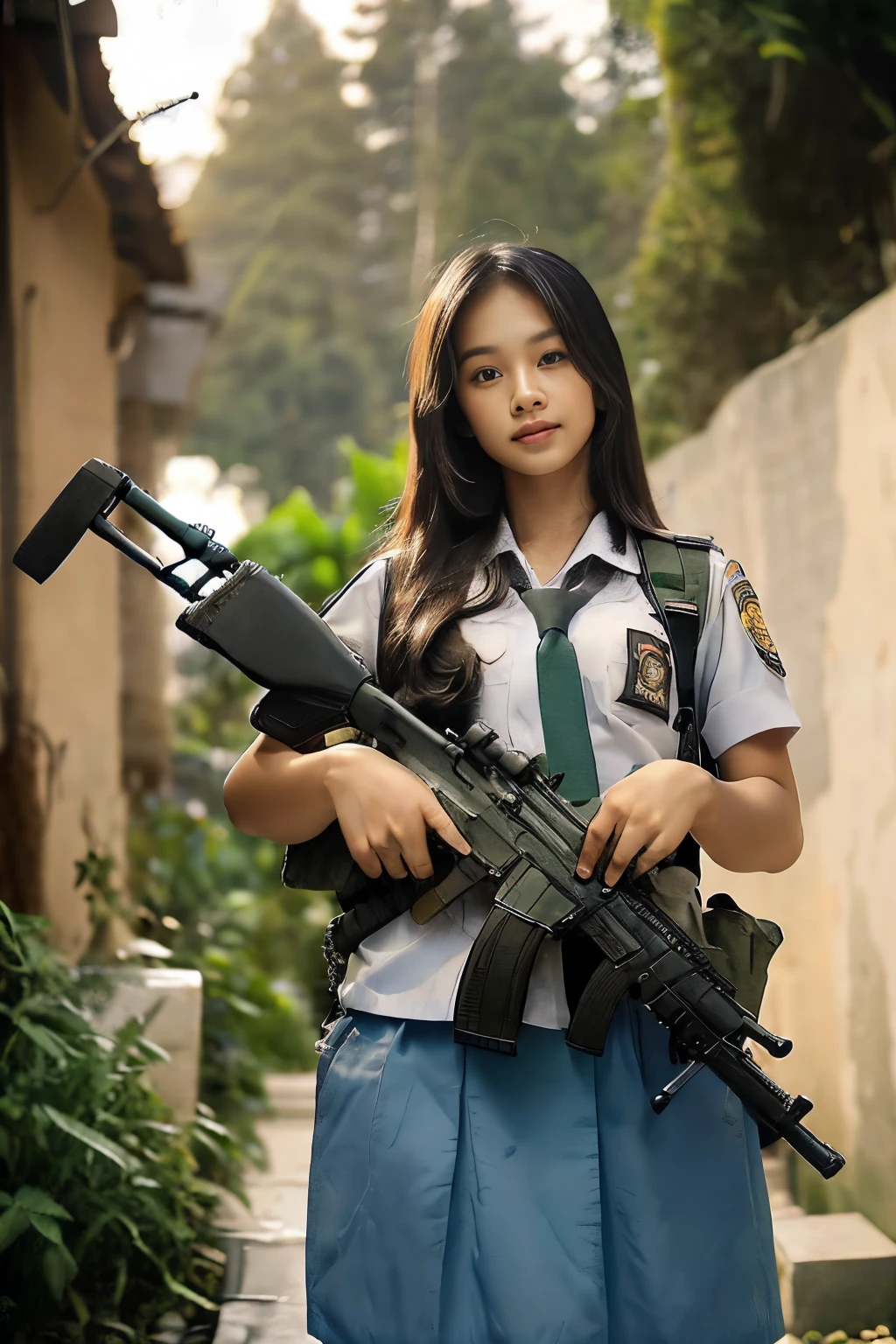 Masterpiece, beautiful 20 year old Indonesian woman in student uniform holding AK47 rifle, long hair, slim athletic body, detailed eyes, proud Indonesian female student, portrait of female student, female student portrait, beautiful female student, Indonesia, about a sniper girl in the war, holding a rifle AK47, holding a rifle, arms folded, portrait of a female city guard, standing in the middle of the city, view from below, portrait taken photo from below, by Arthur Sarkissian, face full of determination, with an AK47 rifle, with an AK47 rifle in hand, very high resolution .photorealistic: 1.4, UHD, beautiful city background,.