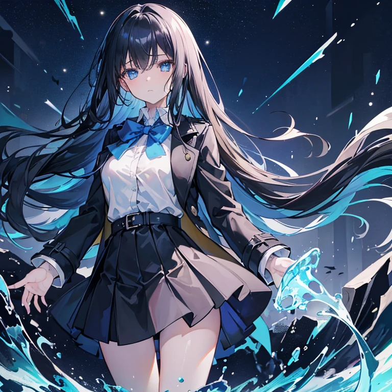 (best quality, masterpiece),(1girl, trench coat,expression face, blue eyes, looking at viewer, black hair, closed mouth, dress shirt, black skirt, hand at viewer), (less blue light, swrling many blue glass pieces behind, floating objects, night sky)