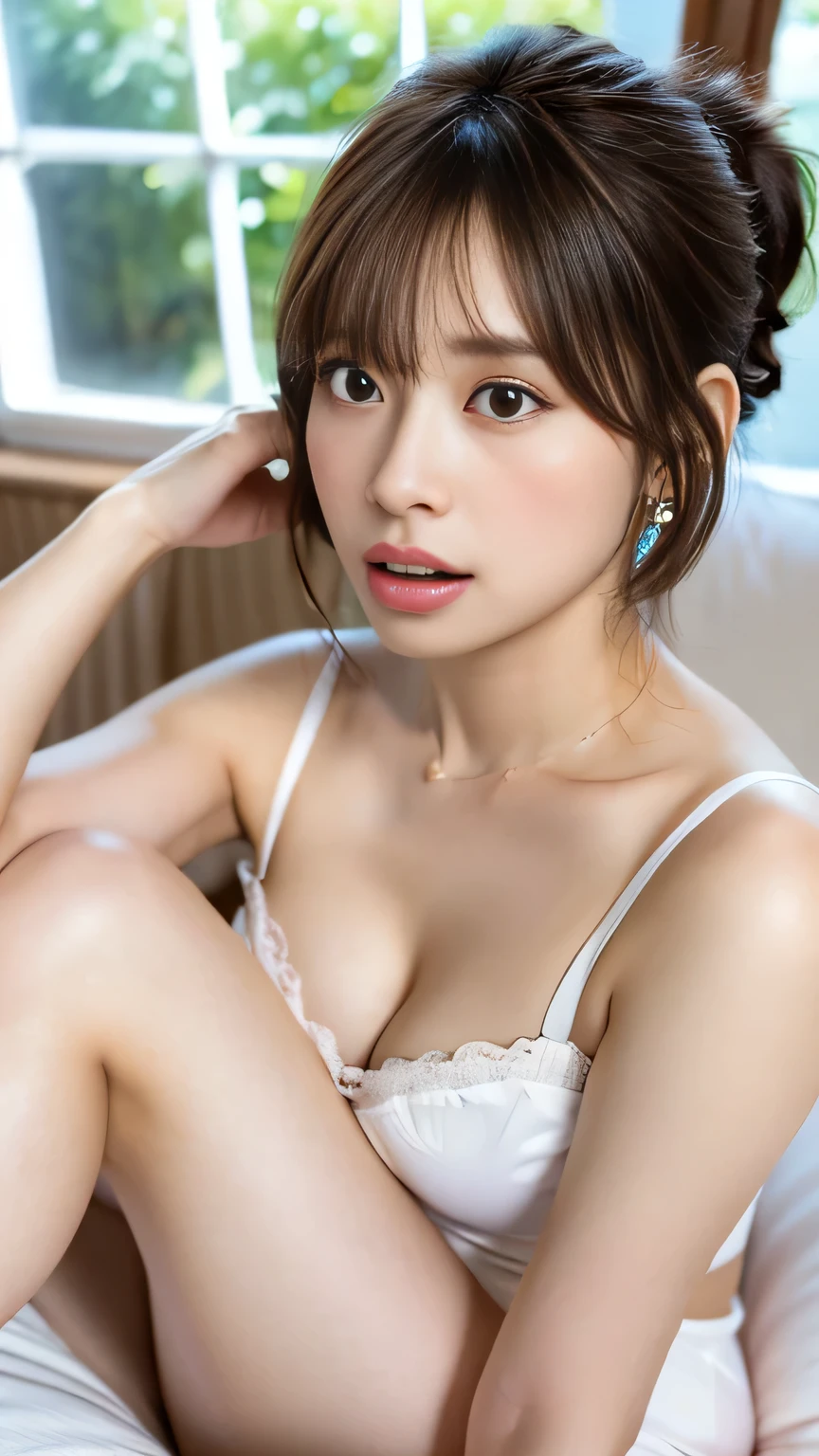 ((8k:1.27), highest quality, masterpiece, 超A high resolution:1.2)Photo Beautiful Japan woman(Comfortable:1.1) grace, good, Gradient lighting, One Girl, Delicate skin, Brown eyes, (Short hair with bangs:1.2), (Large breasts:1.0), (middle breast wheel:0.8), (Realistic:1.4), (highest quality:1.0), (超A high resolution:1.0), 8k, Raw photo, (masterpiece:0.2), (Purelos Face_v1:0.5), All Overprint Contrast Colors Dresulti Colors, Red-brown, What can I do for you?, theme, Looking at the audience,
22 years old, 1 person, ((Beautiful announcer, A slightly distressed face:1.2)),
((Gorgeous Earrings, Long Necklace:1.2)),
((A tight-fitting off-white nightgown, Layering, cleavage wide open:1.2)),
((Sleeping with legs stretched out on the bed and facing upwards, Open your legs a little:1.5)),
(Full body image from thigh, Pay attention to her beautiful slim thighs:1.2),
((Sexy atmosphere, Naughty pose, Kissing Mouth, hold out your lips, Cute and shy, Looking at me happily:1.2)),
((Boyfriend's bedroom, Big white bed, White wall, Boyfriend and good mood)),
((Large windows overlook the beautiful garden:1.2)),
Realistic skin texture, Fair skin, Shiny skin, Beautiful skin on legs, Beautiful feet,
Highly detailed face, Slim face contour, Beautiful small face, Beautiful Nose,
Ultra-detailed eyes, Slit eyes, Brown eyes, double eyelid, Ultra-thin eyebrows, Thin, long eyelashes,
Ultra-detailed lips, Plump and moisturized lips, Glossy pink lips, Flushed Cheeks, ((White beautiful teeth)),
Beautiful actress's languid make-up, Pink lipstick, Smoky eyeshadow, Eye foundation,
Dark Brown Hair, Delicate soft hair, Hair blowing in the wind,
(Elegantly putting your hair up, Medium Short Hair, ponytail:1.2),
Layered Cut, (Blunt bangs:1.2),
((Open your mouth a little, Stick out your tongue a little)), Body facing forward,
((Raise your face slightly)),
((Squinting)),
((pursing lips:1.2)),
((Blushing:1.2)),
((The cleavage between her breasts is fluffy, Beautiful breasts)),