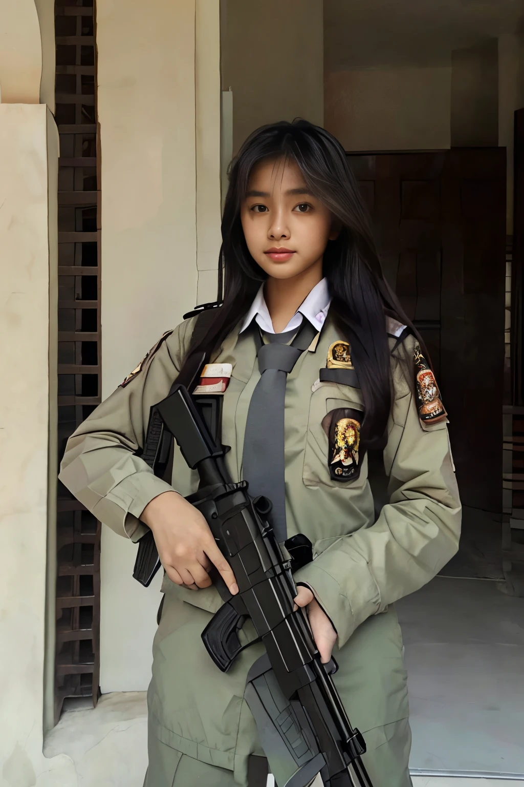 Masterpiece, beautiful 20 year old Indonesian woman in student uniform holding AK47 rifle, long hair, slim athletic body, detailed eyes, proud Indonesian female student, portrait of female student, female student portrait, beautiful female student, Indonesia, about a sniper girl in the war, holding a rifle AK47, holding a rifle, arms folded, portrait of a female city guard, standing in the middle of the city, view from below, portrait taken photo from below, by Arthur Sarkissian, face full of determination, with an AK47 rifle, with an AK47 rifle in hand, very high resolution .photorealistic: 1.4, UHD, beautiful city background,.