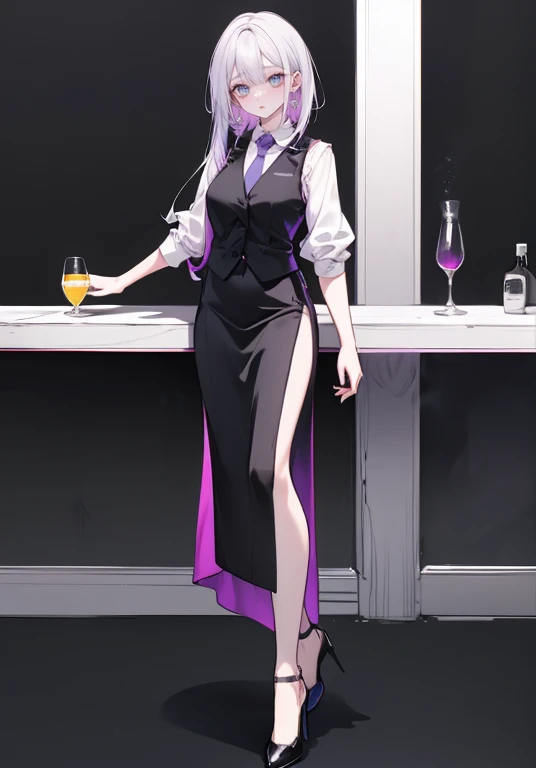 ((Perfect Face)),Purple Hair,Long Hair,1 female,bartender,,Black vest,((Shirt with rolled up sleeves)),tie,((slit)),High heels,,((Simple light color background)),((smile)),((Full Body)),((full body)),Character portrait,upright,