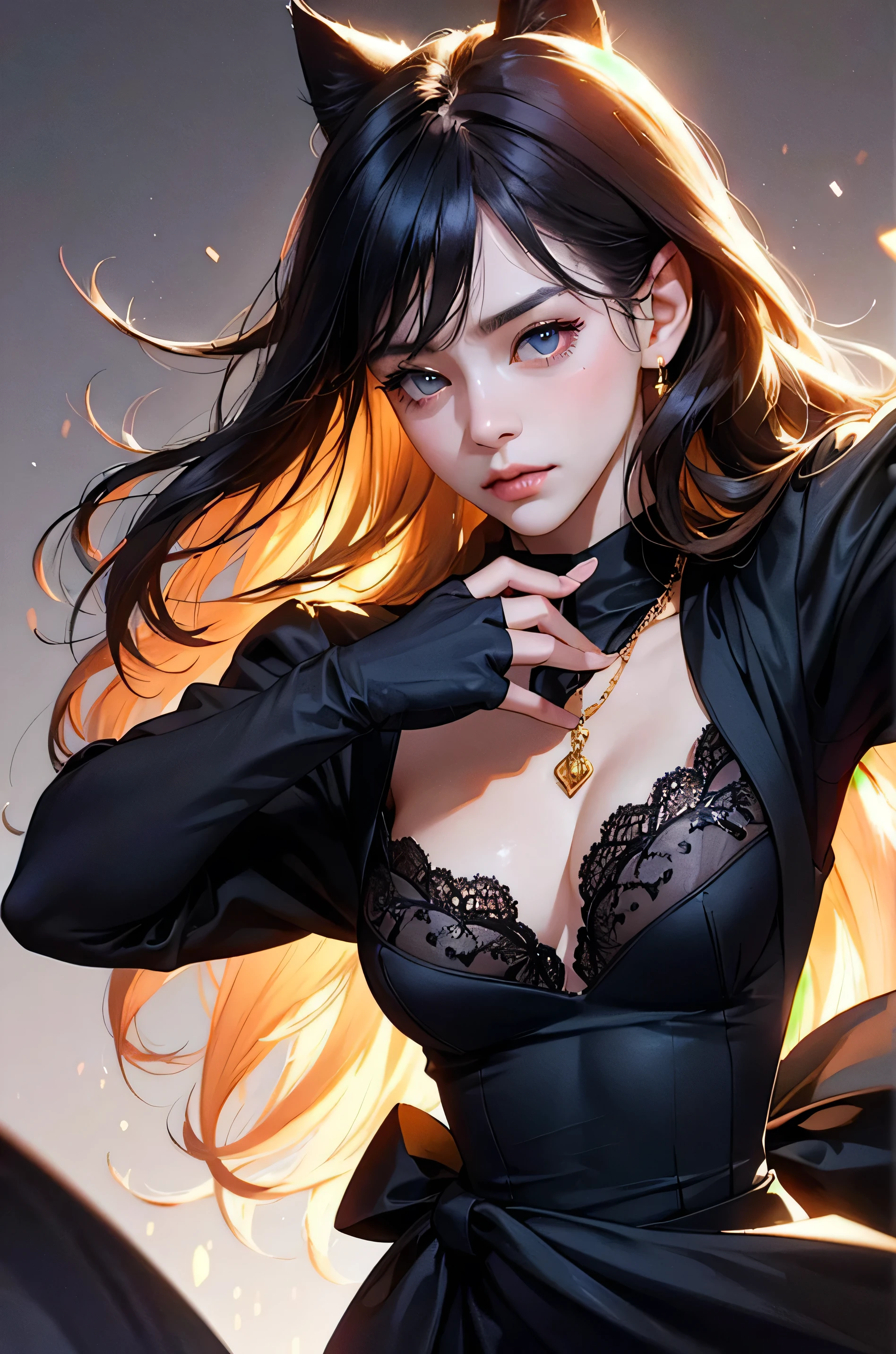 (absurd, high resolution, super detail), face close-up, face emphasis, face-oriented, single woman, long straight hair, shiny beautiful hair, beautiful skin, luscious skin, beautiful eyes, with bangs, long sleeves, eye highlights, unbroken hands, rich lighting, large breasts, pale pink lips, uniform 8K with high definition CG Wallpaper, Attention to Detail, Portrait, Gaze, Solo, Half Shot, Detailed Face, Soft Smile, Dynamic Pose, (Modern Japanese Subject: 1. 1), Cat Ear, Black Dress, Black Gloves, Lace Dress, Contemporary Subject, (Thriving Civilization: 1.1), (Pure White: 1.1) Building, Neon, Roppongi Dancing lights, Kabukicho, Japanese landscape, Fantastic, Romantic, Tasteful, Night, Darkness, Stars, Portrait, Film lighting, Gold necklace, Date scene,