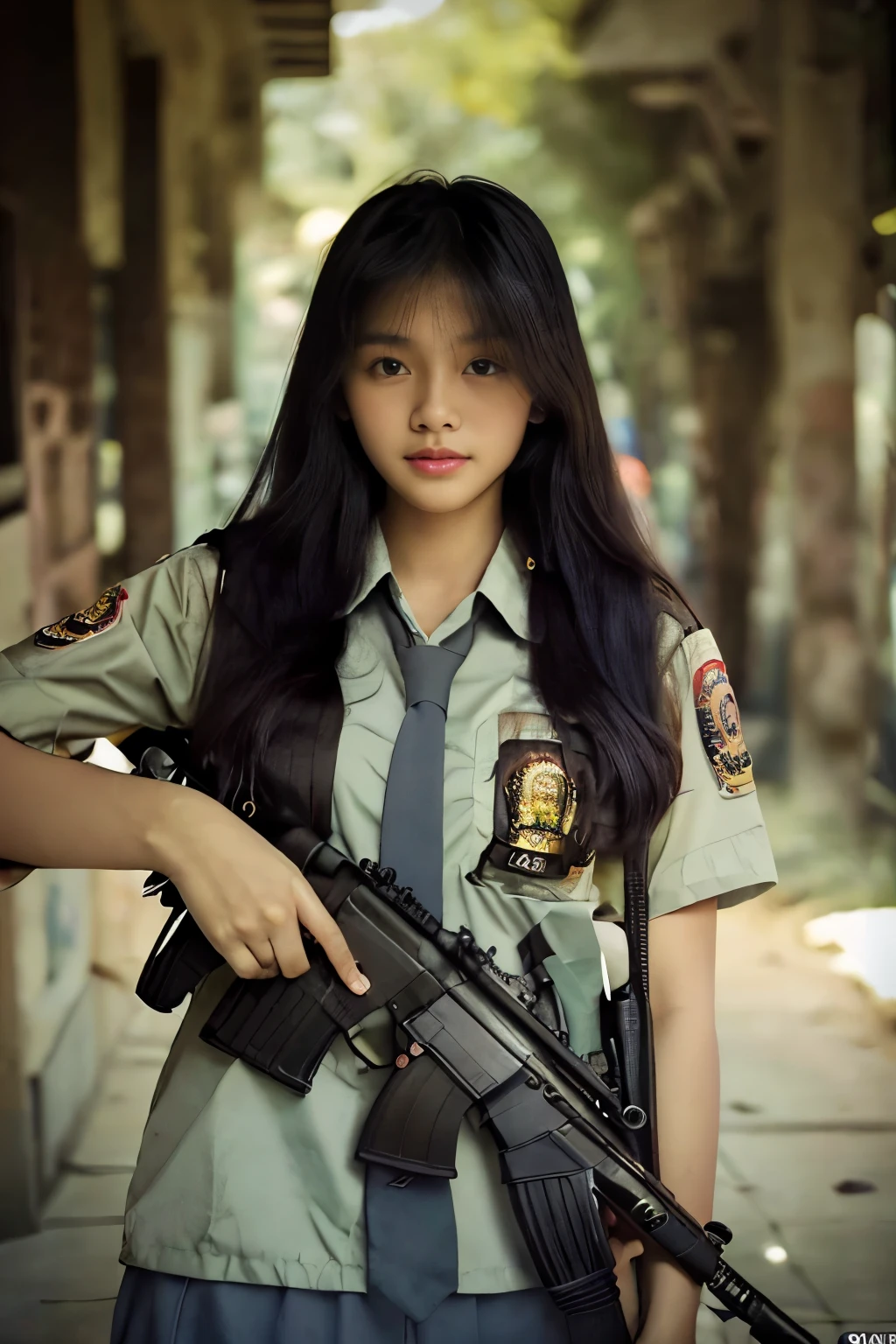 Masterpiece, beautiful 20 year old Indonesian woman in student uniform holding AK47 rifle, long hair, slim athletic body, detailed eyes, proud Indonesian female student, portrait of female student, female student portrait, beautiful female student, Indonesia, about a sniper girl in the war, holding a rifle AK47, holding a rifle, arms folded, portrait of a female city guard, standing in the middle of the city, view from below, portrait taken from below, portrait taken, by Arthur Sarkissian, face full of determination, with an AK47 rifle, with an AK47 rifle in hand, very high resolution .photorealistic: 1.4, UHD, beautiful city background,.