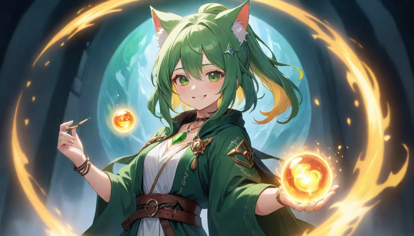 Colorful portrait illustration, (attractive female as a Wizard, ponytail, wear_length_Flowing_green_Complicated_Embroidered_Wizard_Robe), (necklace, Pouch, belt, smile, Very detailed face, masterpiece, highest quality), Very detailed, (In the dungeons), magician_Grams, (A large, glowing circle of runes), Fire and Ice, Casting a Spell, Ultra-high resolution, Cat ears、smile,Mine,Sklton costume
