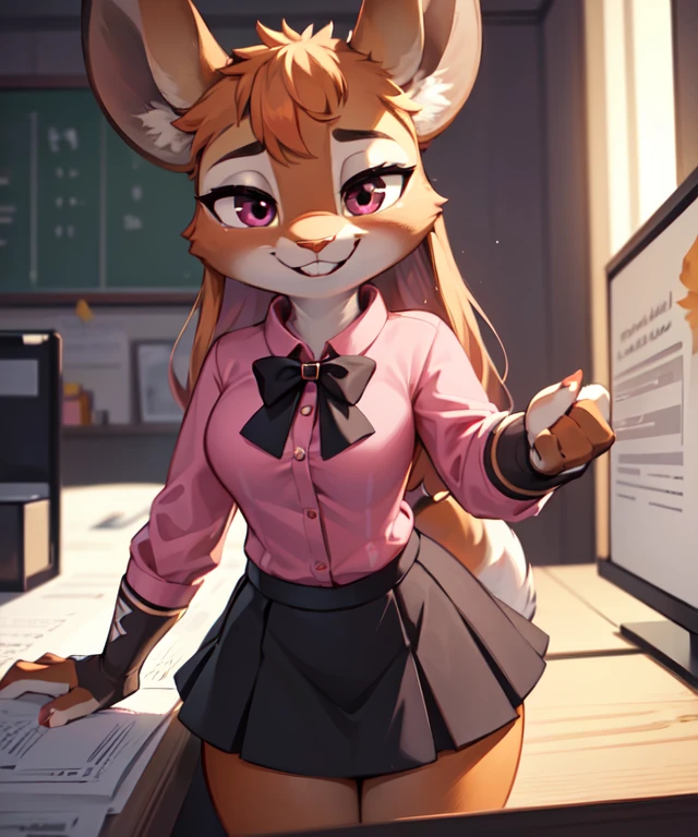 1girl, (anthro furry:1.2), TsunodaCzar, (two-toned fur, orange fur, black eyes, deer ears, horns, snout), (pink blouse, black skirt, smiling), (interior, office), (masterpiece:1.2), hires, ultra-high resolution, 8K, high quality, (sharp focus:1.2), clean, crisp, cinematic,Swimwear