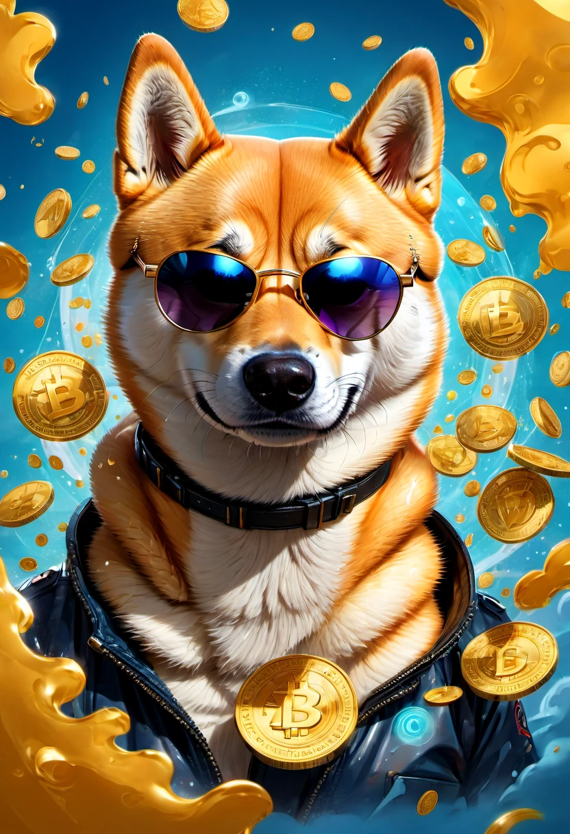 (best quality,4k,8k,highres,masterpiece:1.2),ultra-detailed,(realistic,photorealistic,photo-realistic:1.37),a Shiba Inu,dogecoin artstyle,aesthetic,memorable eyes,cheerful expression,cute round face,fluffy ears,curled tail,playful demeanor,vibrant colors,comic book illustration,vibrant background,digital painting,humorous depiction,stylized rendering,dynamic pose,suchi big doge,comic style shading,comic bubbles,elevated height perspective,shiba wearing sunglasses,dogecoin logo in the background,doge cryptocurrency mascot,eye-catching composition,funny captions,retro comic aesthetic,motion lines,emphasis of wow factor,doge meme reference,colorful bokeh lights,,impactful lighting,modern pop art influences,attention to brand identity,stylized typography,playful typography design,detailed fur texture,digital brush strokes.