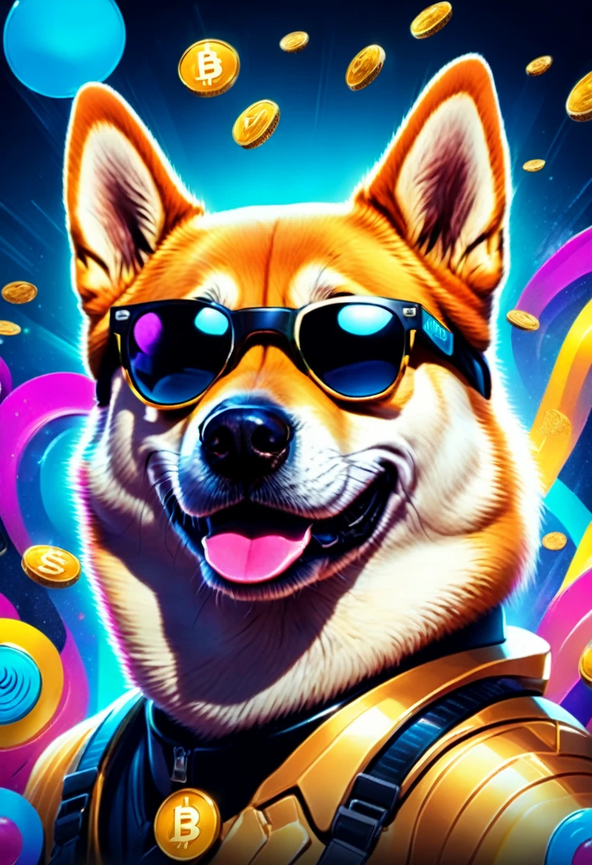 (best quality,4k,8k,highres,masterpiece:1.2),ultra-detailed,(realistic,photorealistic,photo-realistic:1.37),a Shiba Inu,dogecoin artstyle,aesthetic,memorable eyes,cheerful expression,cute round face,fluffy ears,curled tail,playful demeanor,vibrant colors,comic book illustration,vibrant background,digital painting,humorous depiction,stylized rendering,dynamic pose,suchi big doge,comic style shading,comic bubbles,elevated height perspective,shiba wearing sunglasses,dogecoin logo in the background,doge cryptocurrency mascot,eye-catching composition,funny captions,retro comic aesthetic,motion lines,emphasis of wow factor,doge meme reference,colorful bokeh lights,,impactful lighting,modern pop art influences,attention to brand identity,stylized typography,playful typography design,detailed fur texture,digital brush strokes.