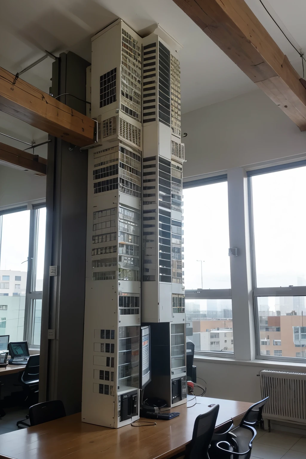 Create an image of a 20-story building with a computer network design with 2 switches per floor
