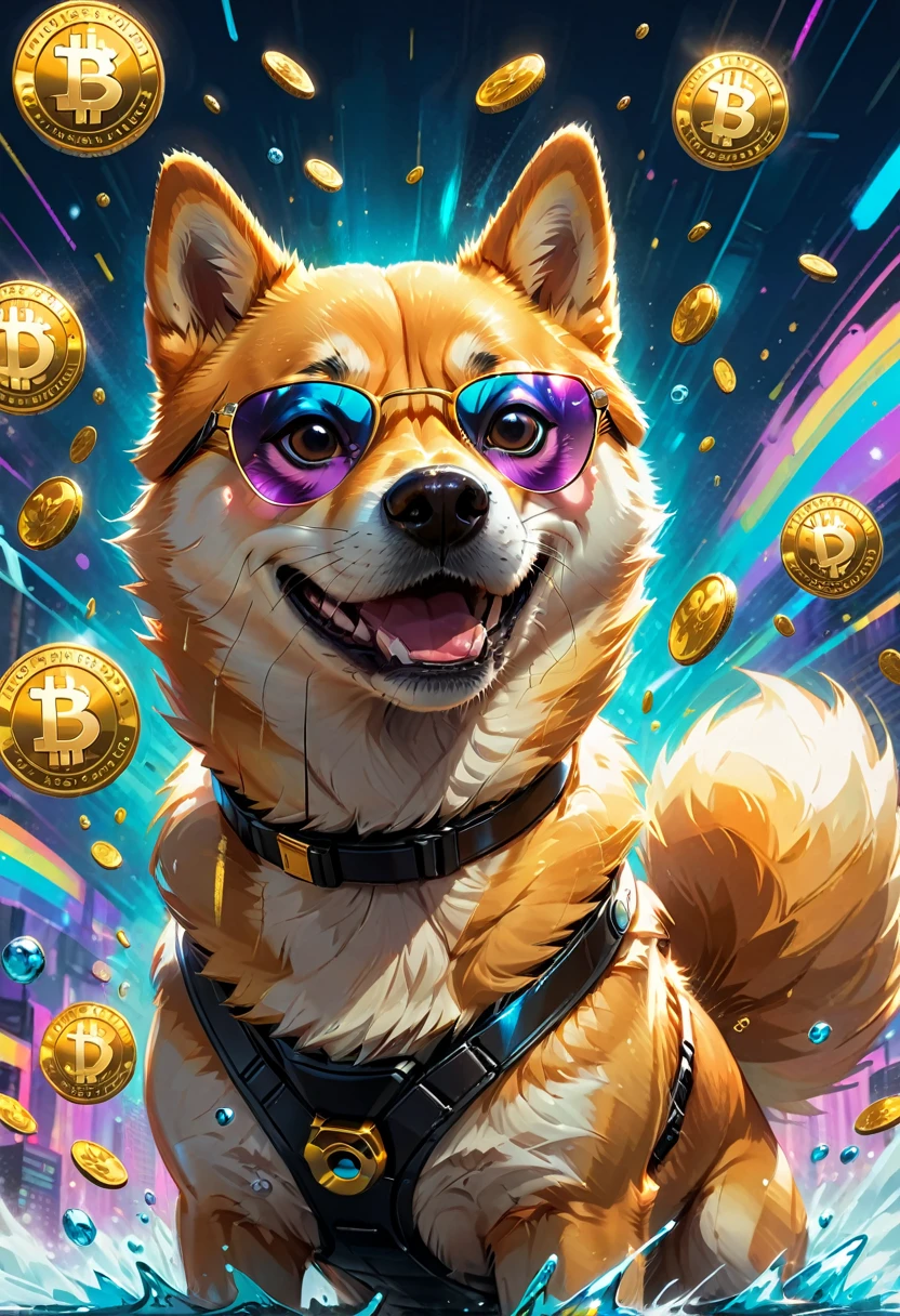 (best quality,4k,8k,highres,masterpiece:1.2),ultra-detailed,(realistic,photorealistic,photo-realistic:1.37),a Shiba Inu,dogecoin artstyle,aesthetic,memorable eyes,cheerful expression,cute round face,fluffy ears,curled tail,playful demeanor,vibrant colors,comic book illustration,vibrant background,digital painting,humorous depiction,stylized rendering,dynamic pose,suchi big doge,comic style shading,comic bubbles,elevated height perspective,shiba wearing sunglasses,dogecoin logo in the background,doge cryptocurrency mascot,eye-catching composition,funny captions,retro comic aesthetic,motion lines,emphasis of wow factor,doge meme reference,colorful bokeh lights,,impactful lighting,modern pop art influences,attention to brand identity,stylized typography,playful typography design,detailed fur texture,digital brush strokes.