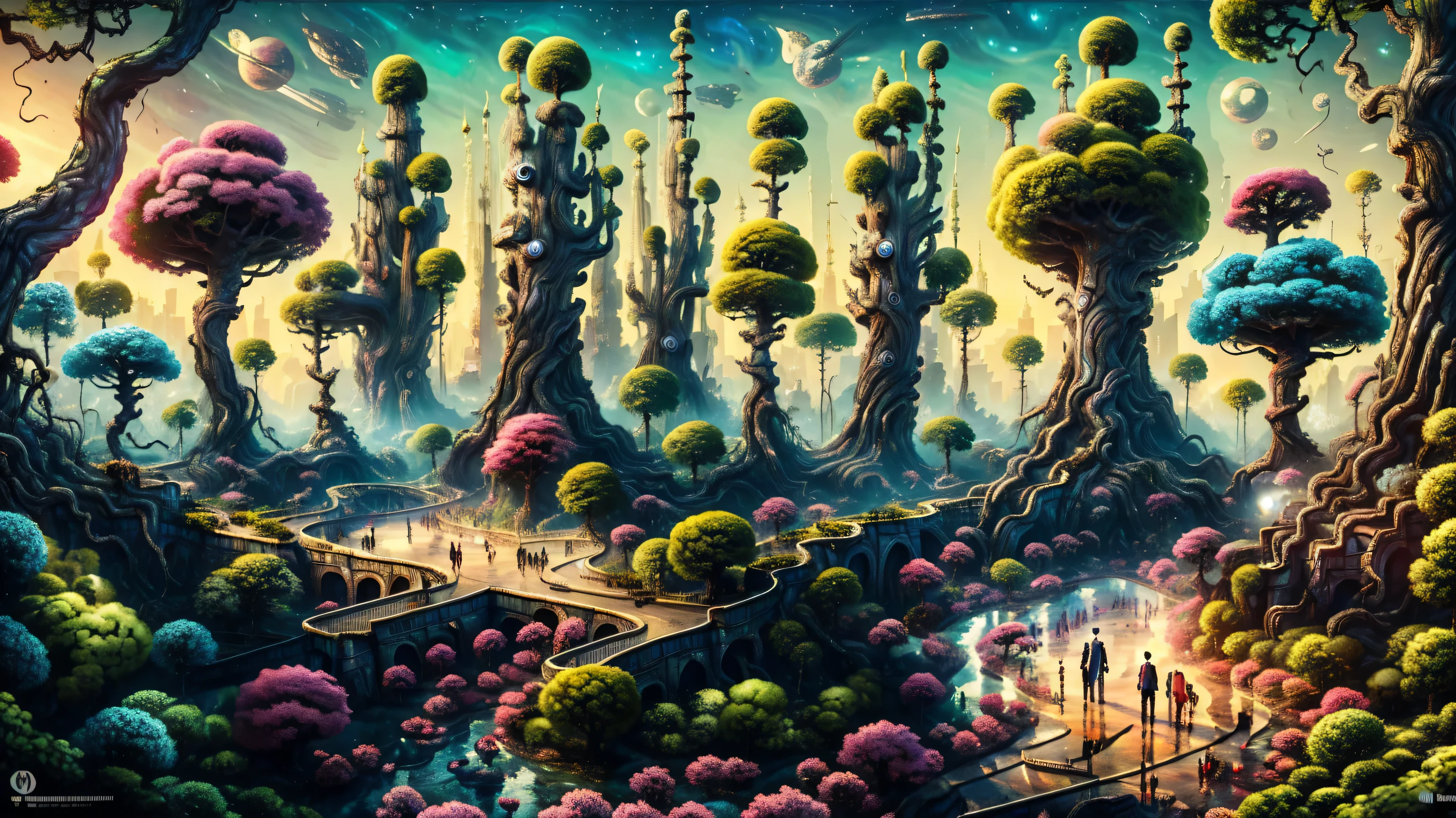 8K, Alien wearing a top hat and smoking a cigarette, Hyper, cyber punk, Made from ruins, Skyscraper, Taipei City, Painting of a tree with a bridge, Fantasy valley with trees, Highly detailed fantasy, Fantasy Tree, Colorful detailed dreamscape, Cosmic Tree of Life, Boy looking at pictures