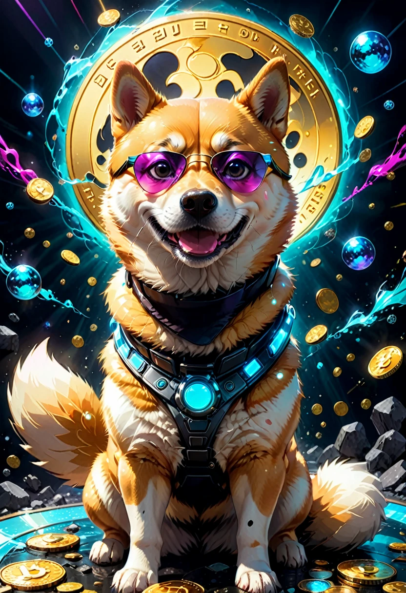 (best quality,4k,8k,highres,masterpiece:1.2),ultra-detailed,(realistic,photorealistic,photo-realistic:1.37),a Shiba Inu,dogecoin artstyle,aesthetic,memorable eyes,cheerful expression,cute round face,fluffy ears,curled tail,playful demeanor,vibrant colors,comic book illustration,vibrant background,digital painting,humorous depiction,stylized rendering,dynamic pose,suchi big doge,comic style shading,comic bubbles,elevated height perspective,shiba wearing sunglasses,dogecoin logo in the background,doge cryptocurrency mascot,eye-catching composition,funny captions,retro comic aesthetic,motion lines,emphasis of wow factor,doge meme reference,colorful bokeh lights,,impactful lighting,modern pop art influences,attention to brand identity,stylized typography,playful typography design,detailed fur texture,digital brush strokes.