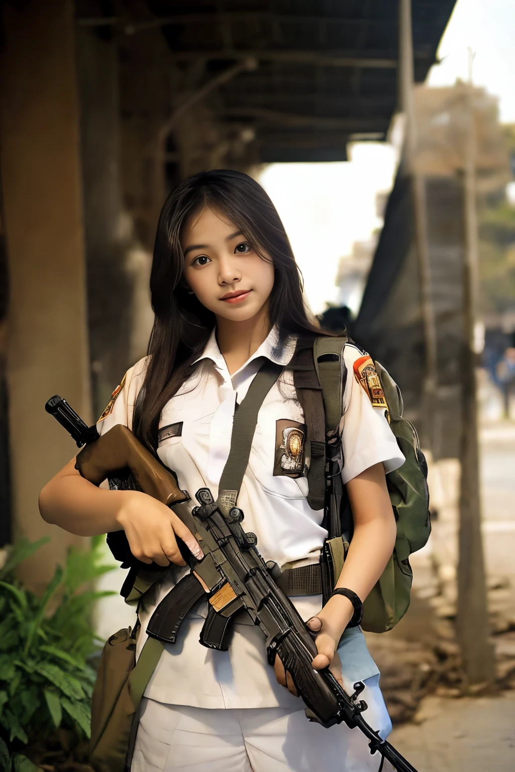 Masterpiece, beautiful 20 year old Indonesian woman in student uniform holding AK47 rifle, long hair, slim athletic body, detailed eyes, proud Indonesian female student, portrait of female student, female student portrait, beautiful female student, Indonesia, about a sniper girl in the war, holding a rifle AK47, holding a rifle, arms folded, portrait of a female city guard, standing in the middle of the city, portrait taken from below, portrait taken, by Arthur Sarkissian, face full of determination, with an AK47 rifle, with an AK47 rifle in hand, very high resolution .photorealistic: 1.4, UHD, beautiful city background,.