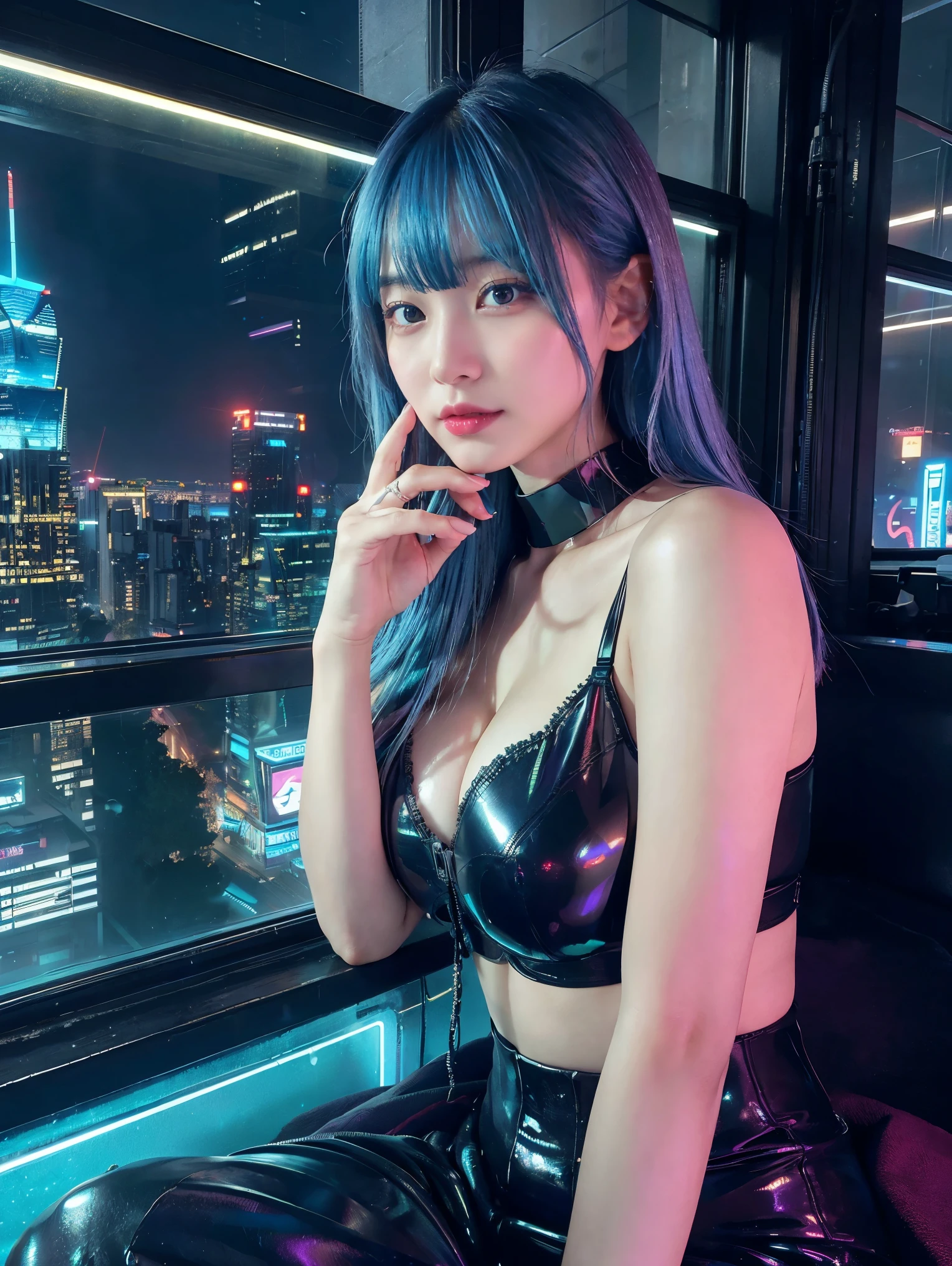 最high quality, masterpiece, 32k、Super detailed、realistic、1 girl, japanese woman、cute face, (photo actual:1.3),bob hair(blue hair color、blue hairstyle)、edge lighting, (high detail skin:1.2), 8K超High resolution, Single-lens reflex camera, high quality, High resolution, 4k, 8K, Optimal ratio of 4 fingers to 1 thumb, (actual:1.3), cute 1 girl, realistic、Super realistic、32k、Super detailed、masterpiece, 最high quality, beautiful girl, beauty、small breasts, Mecha, beautiful lighting, (neon light:1.2), (night:1.5), Cyberpunk Costume、sitting,Cyber Neon、future city、Skyscraper、City night、Shanghai、big city、night scene、Beautiful night scene