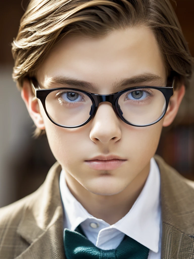 Obra maestra, best quality A 13-year-old boy with light brown hair, blue eyes, white skin, fine features, fine European features with fine clothes, elegant gaze, firm, sad, melancholic, serious with discreet glasses in the home library 
