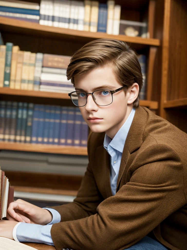 Obra maestra, best quality A 13-year-old boy with light brown hair, blue eyes, white skin, fine features, fine European features with fine clothes, elegant gaze, firm, sad, melancholic, serious with discreet glasses in the home library