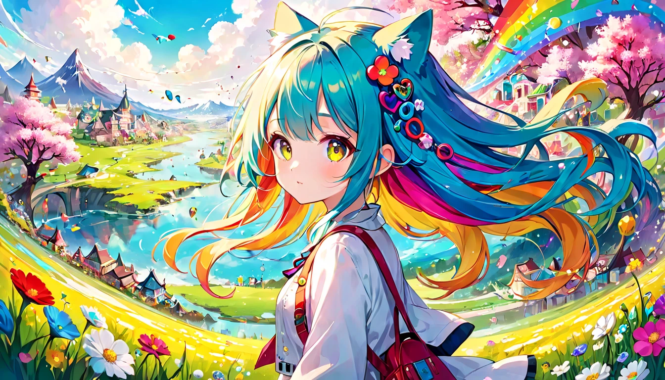 Create a distorted and chaotic landscape with vibrant colors and surreal elements, featuring a cute girl with colorful hair and whimsical accessories.chat ear. long hair,spring,TUNAMI