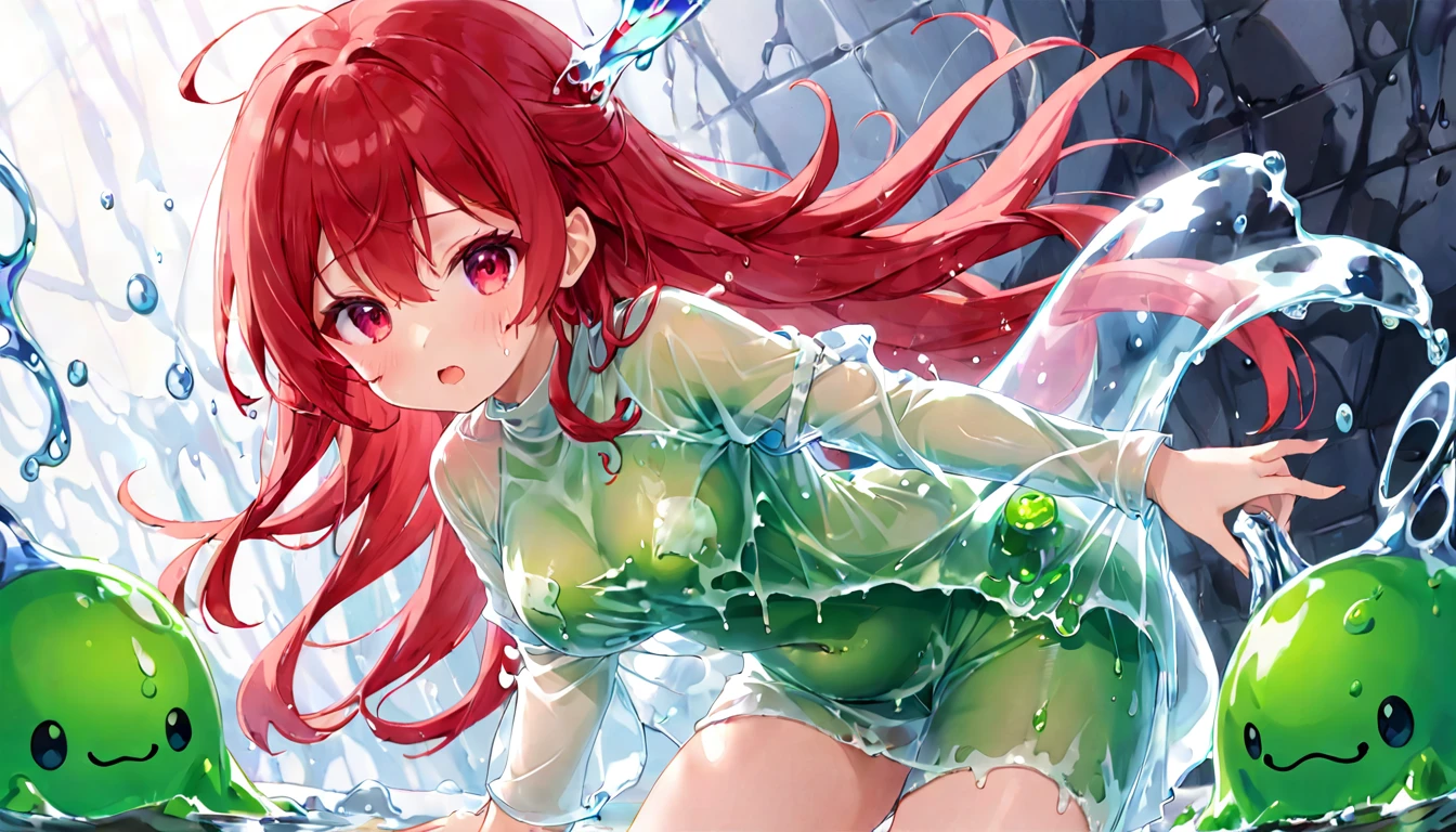 A cute girl who melted into a gooey mess like slime、Wearing see-through clothes,red,enemy,clychar