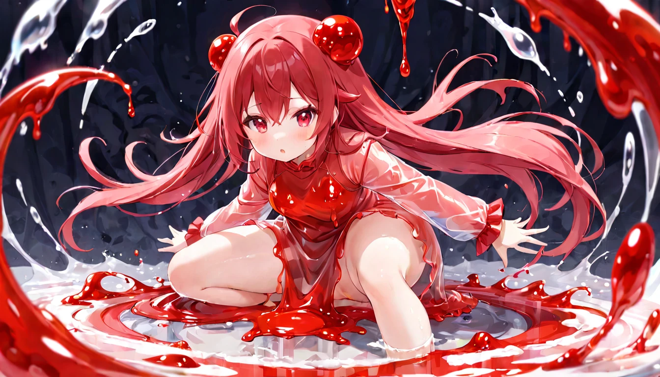 a red slime girl sitting in a forest